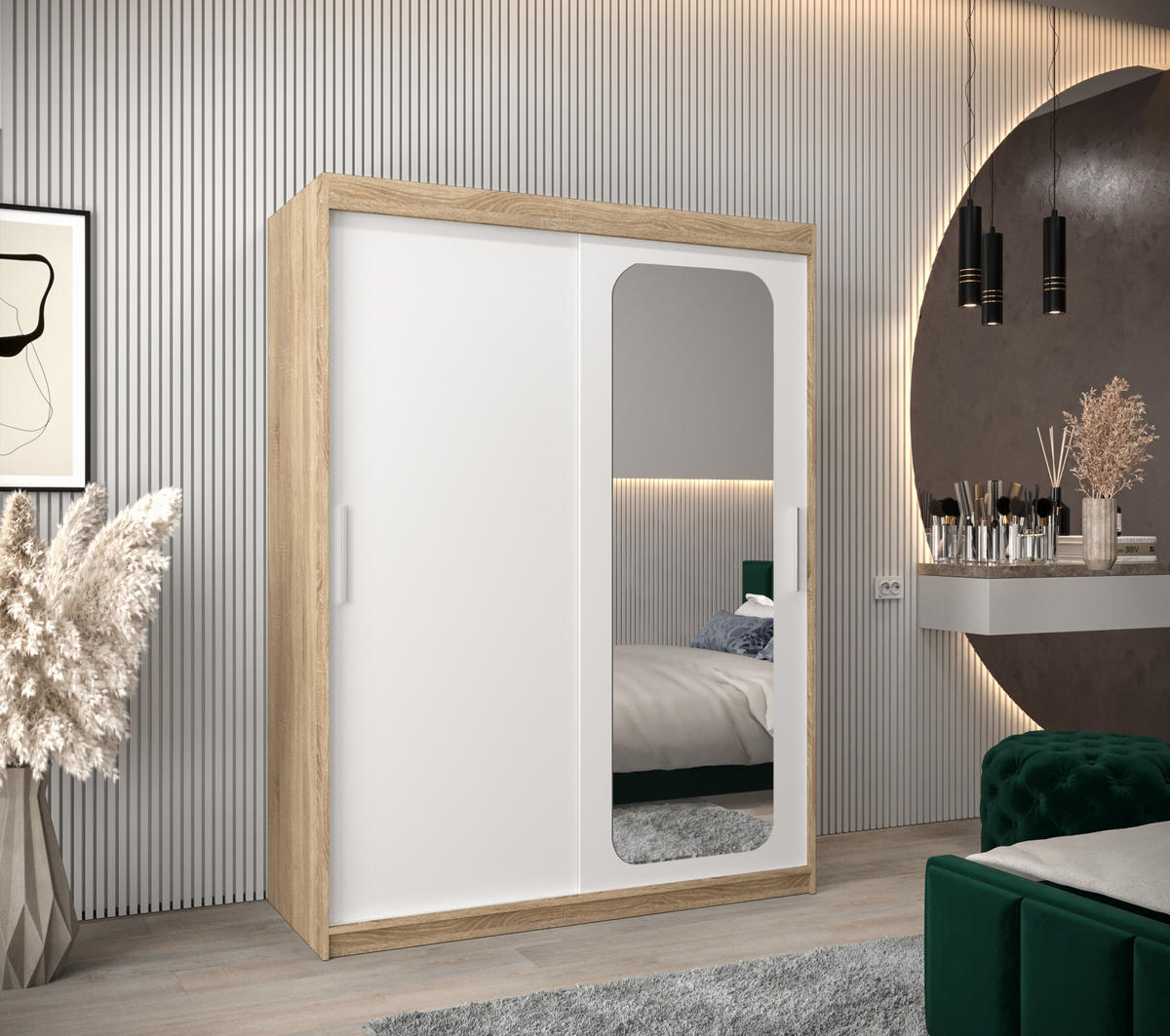 SCHWEBETÜRENSCHRANK 200/150/62 2-türig - Silberfarben/Weiß, Holz/Kunststoff (150/200/62cm) - Abiks Möbel