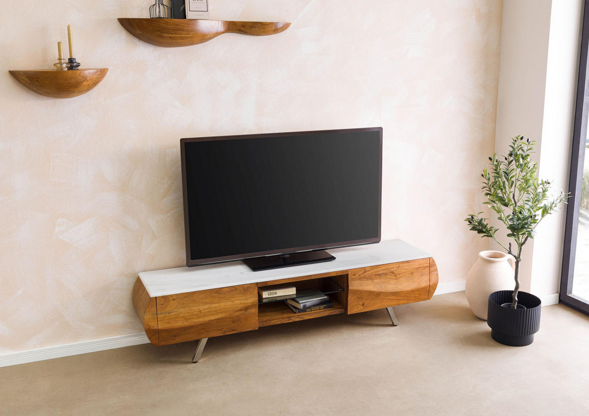 TV-BOARD Akazie 184x40x45 natur lackiert / Marmor weiß MONTREAL #122 - Naturfarben, Holz (184/45/40cm) - Massivmoebel24