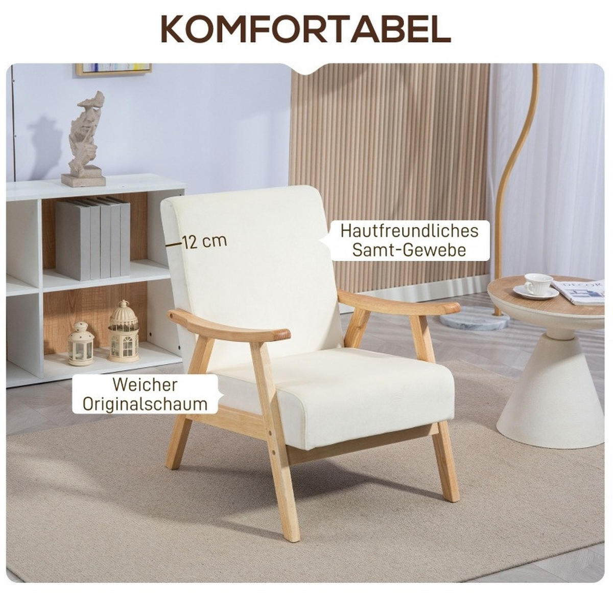 SESSEL 65/80/83 cm in Cremeweiß mit Armlehnen und Samt-Optik - Creme, Kunststoff (80/83/65cm) - BEAOK