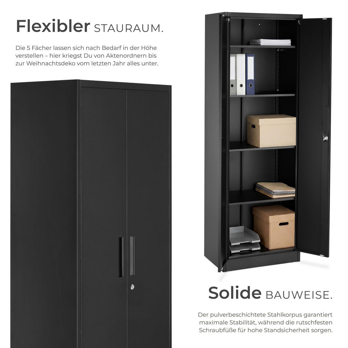 AKTENSCHRANK Brandon, Kippschutz, höhenverstellbare Füße, schwarz - Schwarz, Metall (60/180.5/40cm) - tectake