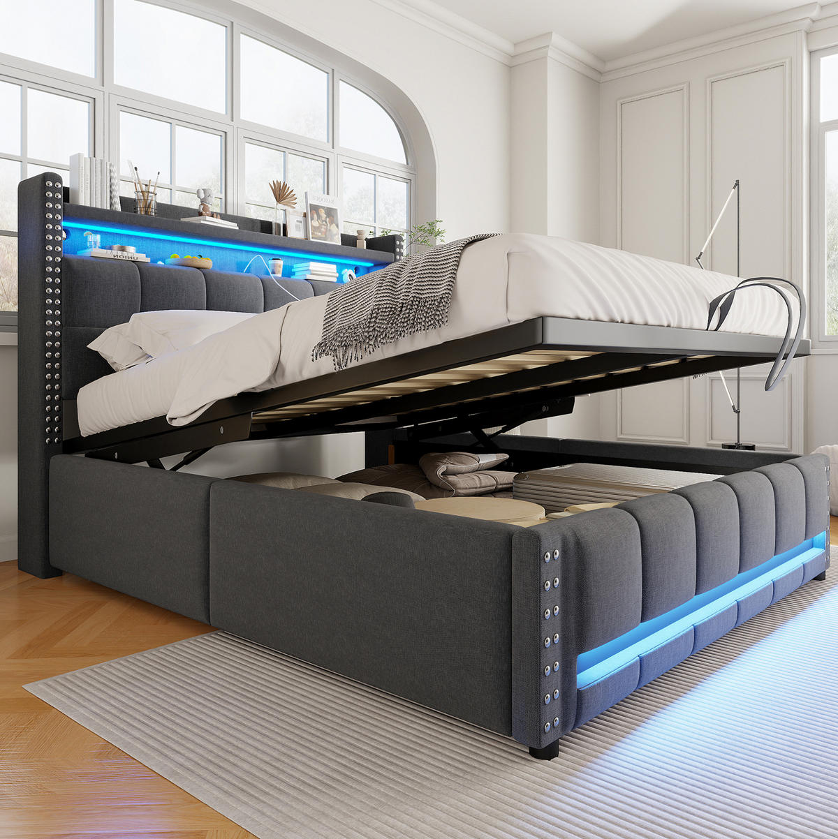 POLSTERBETT mit Stauraum und LED 140x200 cm Grau - Grau, Metall (140/200cm) - Meubliv