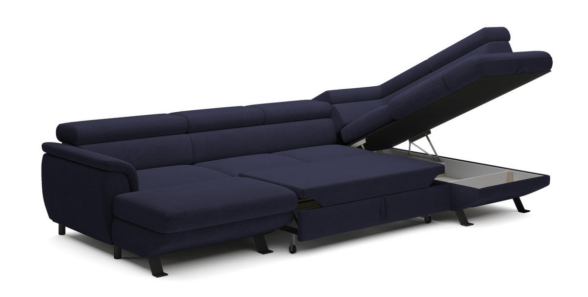 ECKSCHLAFSOFA Raven XL, Verstellbaren Kopfstützen, Bettkasten, Großes Sofa 334x198x162cm Rechte, Meer - Pastellblau, Holz/Textil (334/198cm) - DomoHome