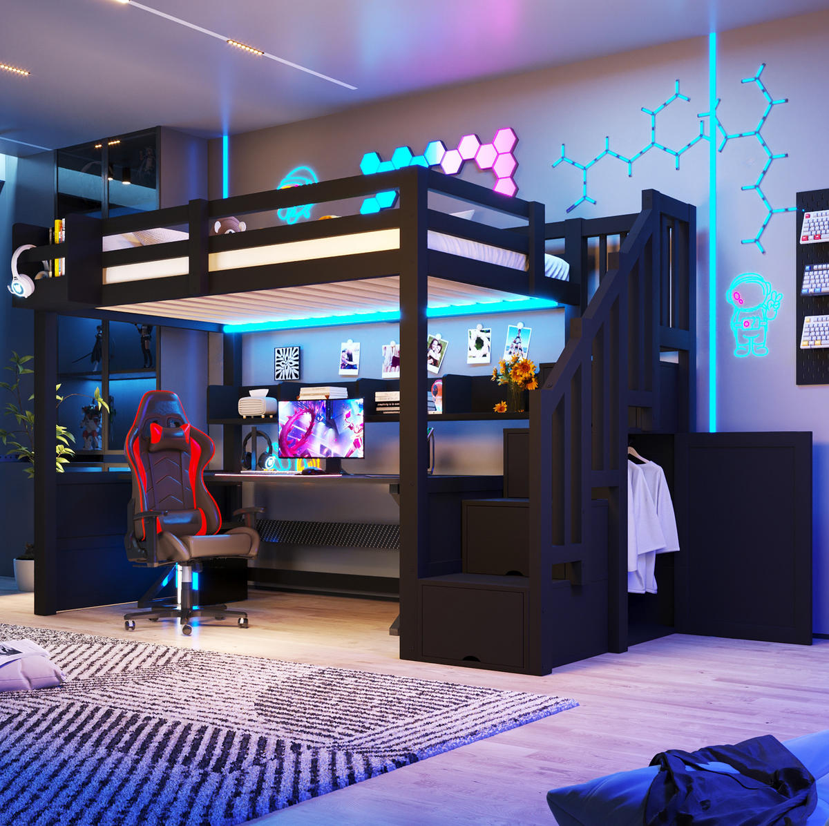 HOCHBETT aus MDF, Kiefer und Sperrholz 90x200 cm Schwarz mit LED-Beleuchtung, Stauraumtreppe und Kleiderschrank - Schwarz, Holzwerkstoff (90/200cm) - Modfu