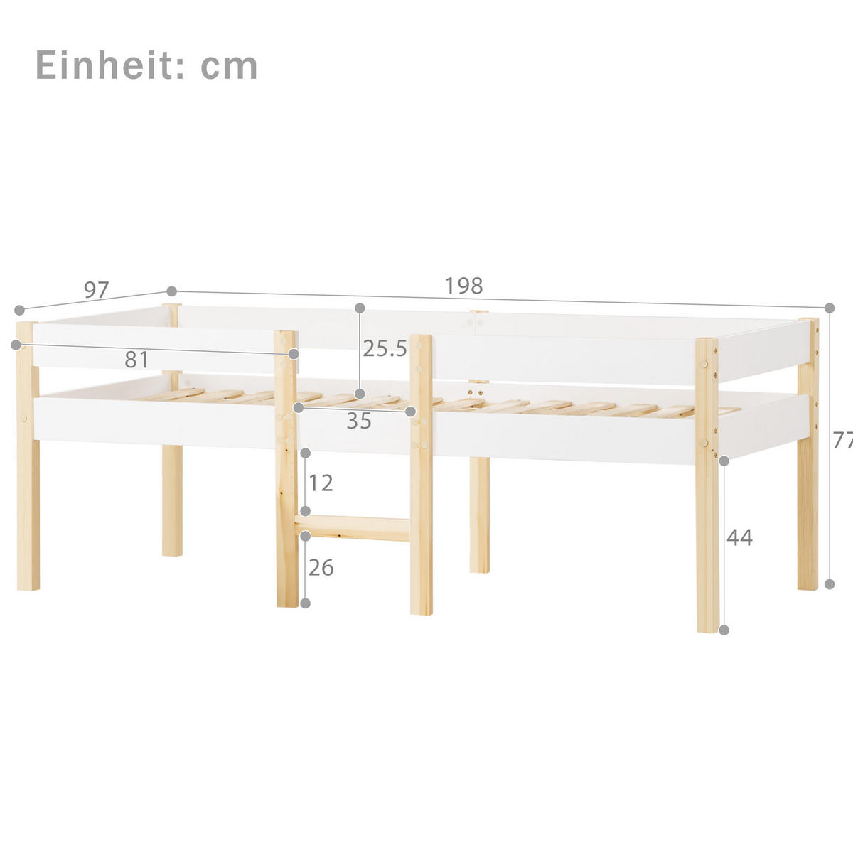 KINDERBETT 90/190 cm halbhoch aus Kiefernholz mit Rausfallschutz - Weiß, Holz (90/200cm) - Flora Grace