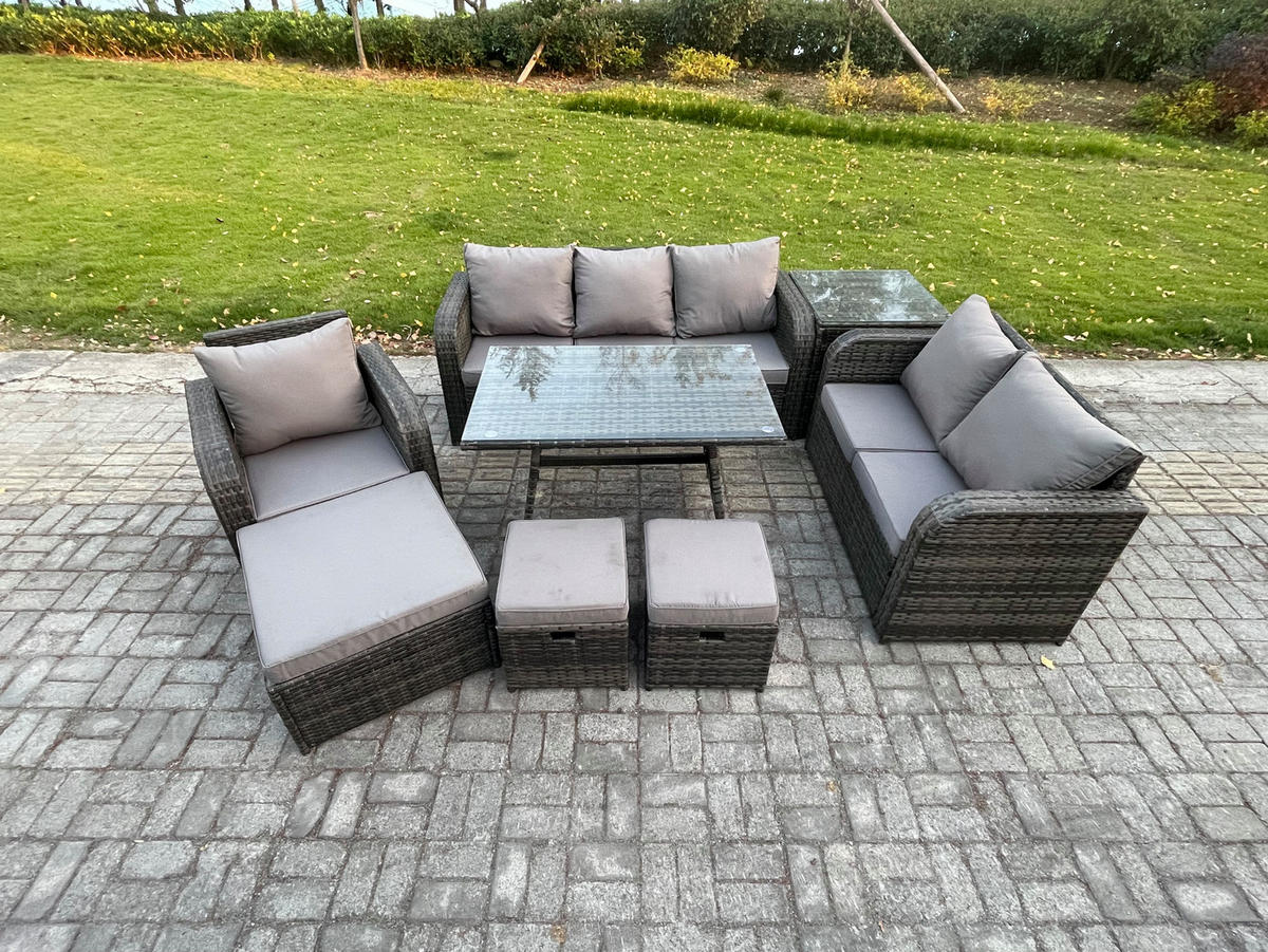 GARTENMÖBEL SET Polyrattan Dunkelgrau 9-Sitzer - Dunkelgrau/Grau, Glas/Kunststoff - Fimous