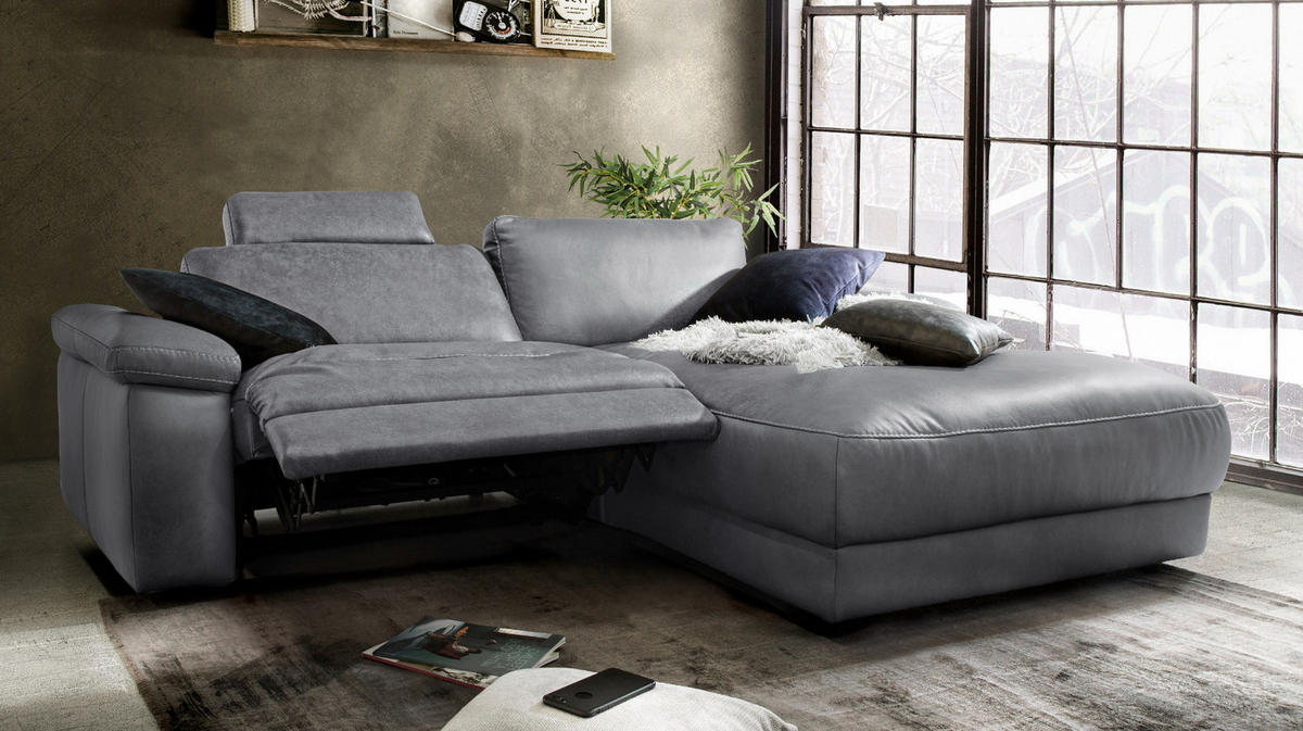 ECKSOFA MOTORISCH. RELAXFUNKTION LOLA Grau Leder - Schwarz/Grau, Leder (233/178cm) - KAWOLA