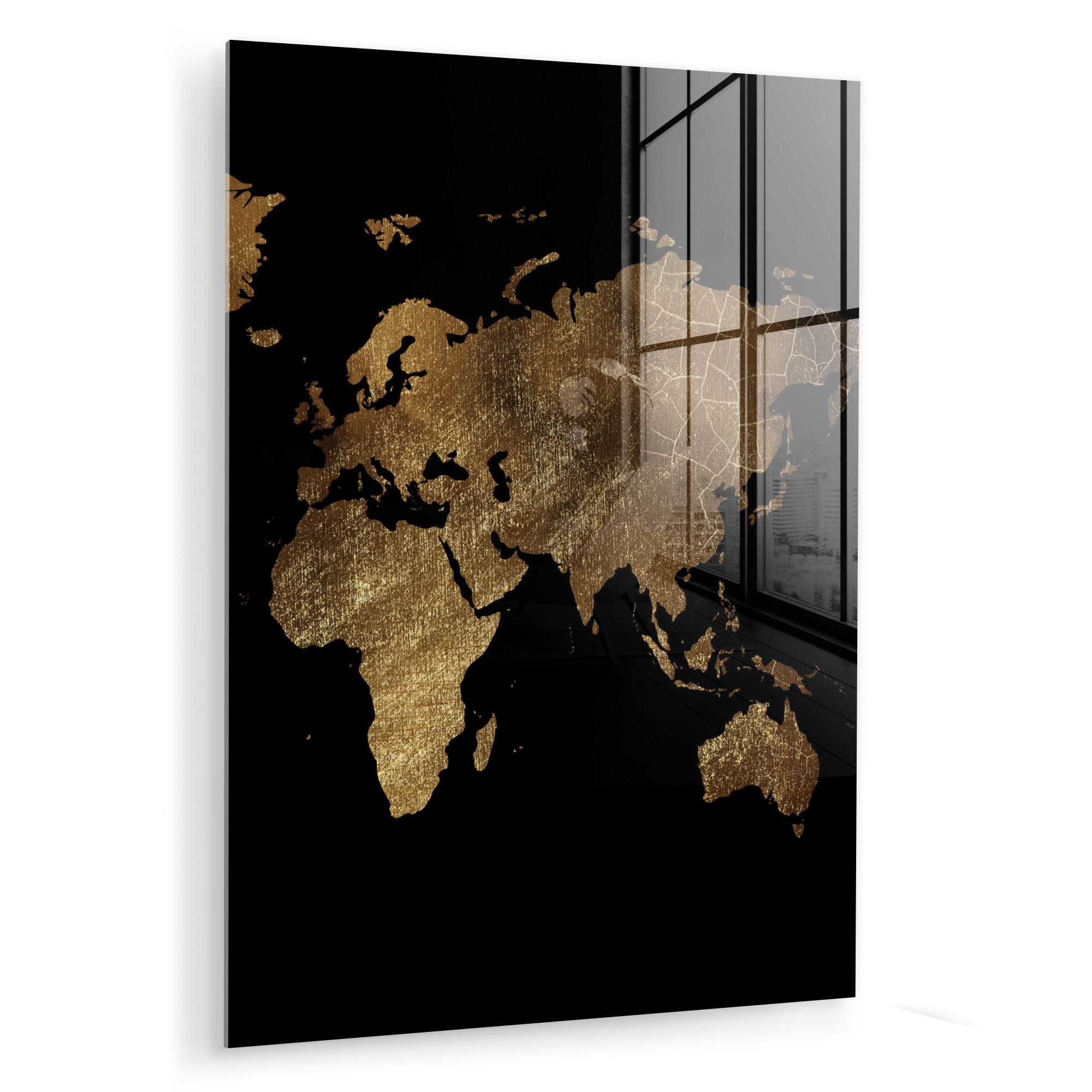 ACRYLGLASBILD Weltkarte - Gold - Luxus - Erde - Schwarz 60x80 cm - Goldfarben, Glas (60/80cm) - MuchoWow