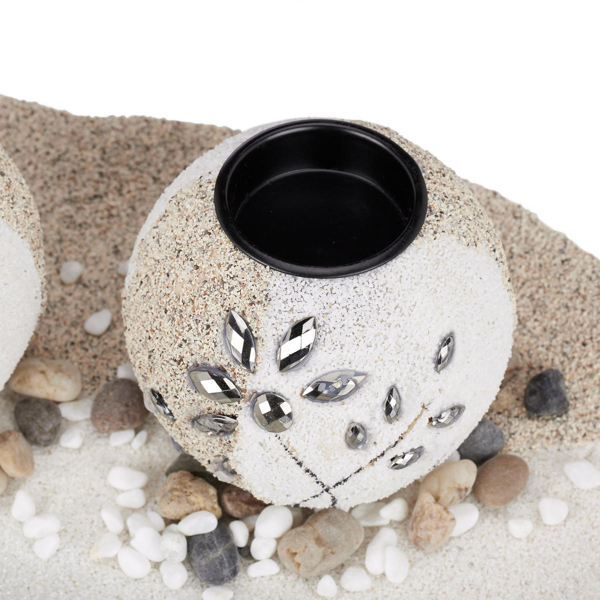 TEELICHTHALTER Weiß 3er-Set mit Dekoschale - Creme, Naturmaterialen/Holzwerkstoff (2.5cm) - Relaxdays