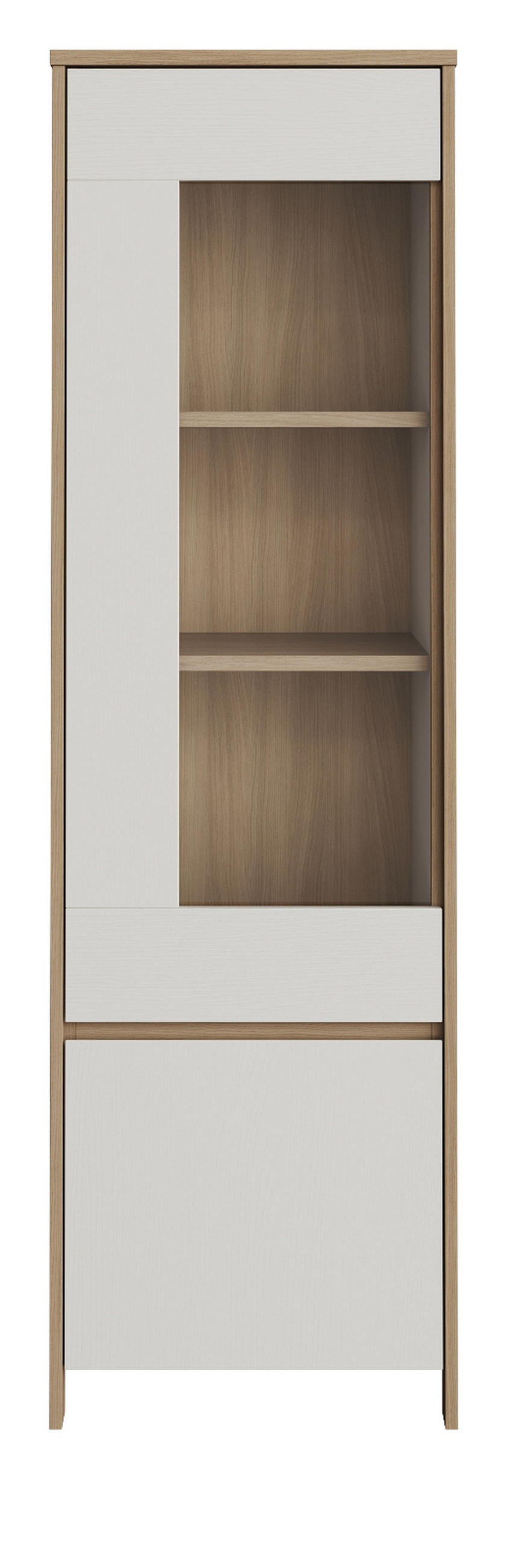 VITRINE in weiß und Eiche Vitrinenschrank skandinavisch 58 x 195 cm, Soft-Close Finnes - Eichefarben/Weiß, Glas/Holzwerkstoff (58/195/39cm) - Furn.Design