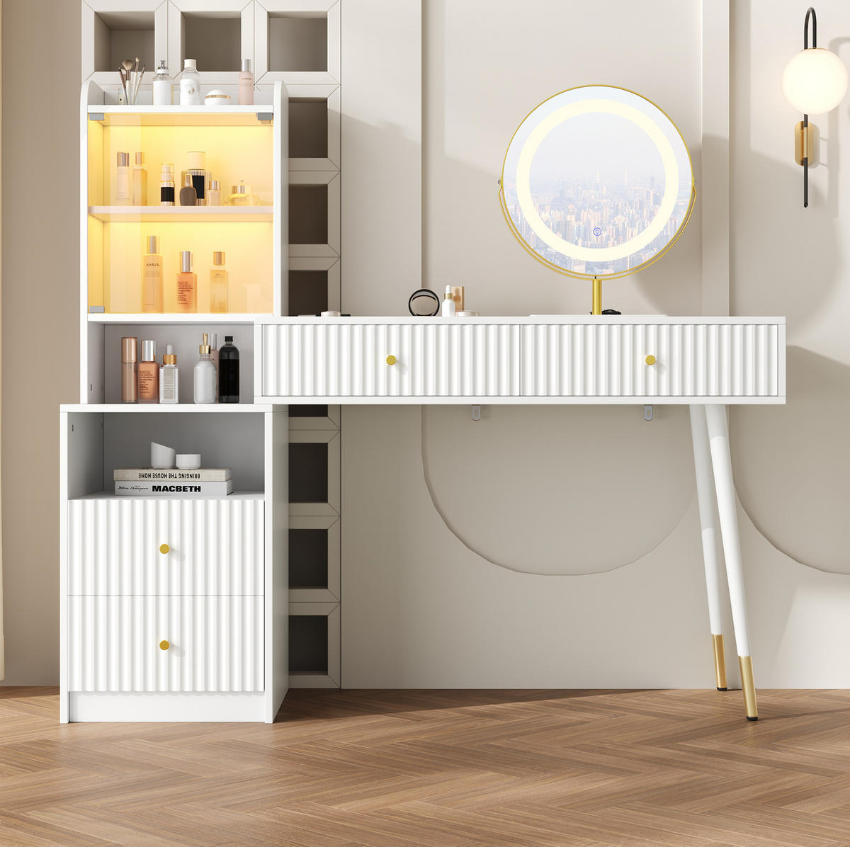 SCHMINKTISCH 100/40/125 cm mit LED-Spiegel, 4 Schubladen und beleuchteter Glasvitrine, Weiß - Weiß, Holzwerkstoff (40/125/100cm) - Redom