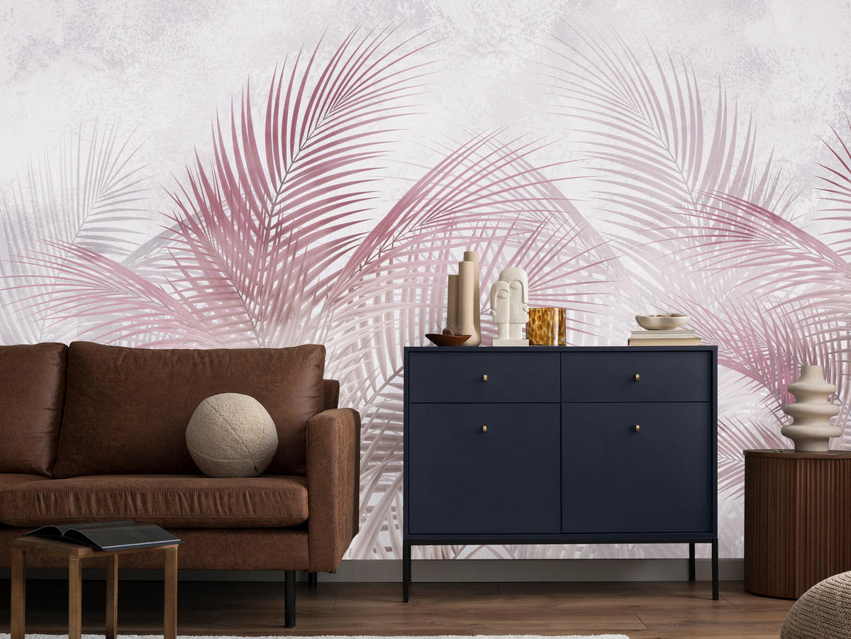 FOTOTAPETE für Schlafzimmer Rosa Palmenblätter Fein Vintage Pastell 350x256 - Violett/Rosa, Papier (350/256cm) - Muralo