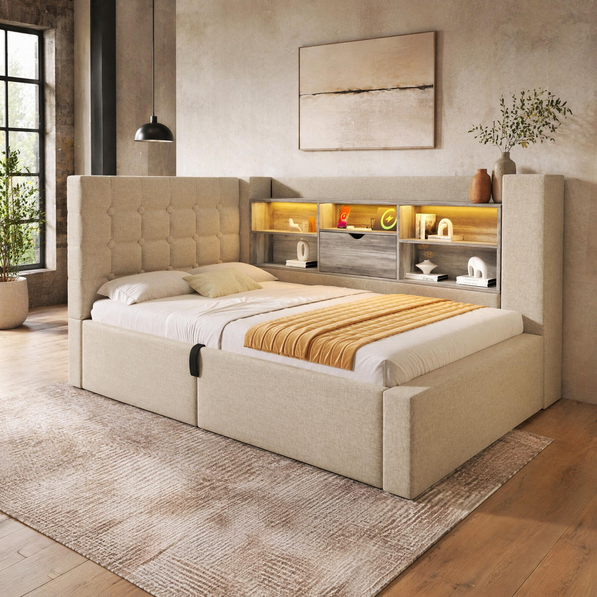 POLSTERBETT 90/200 mit Bettkasten, LED und USB in Beige - Beige, Holzwerkstoff/Textil (90/200cm) - EVRYAE