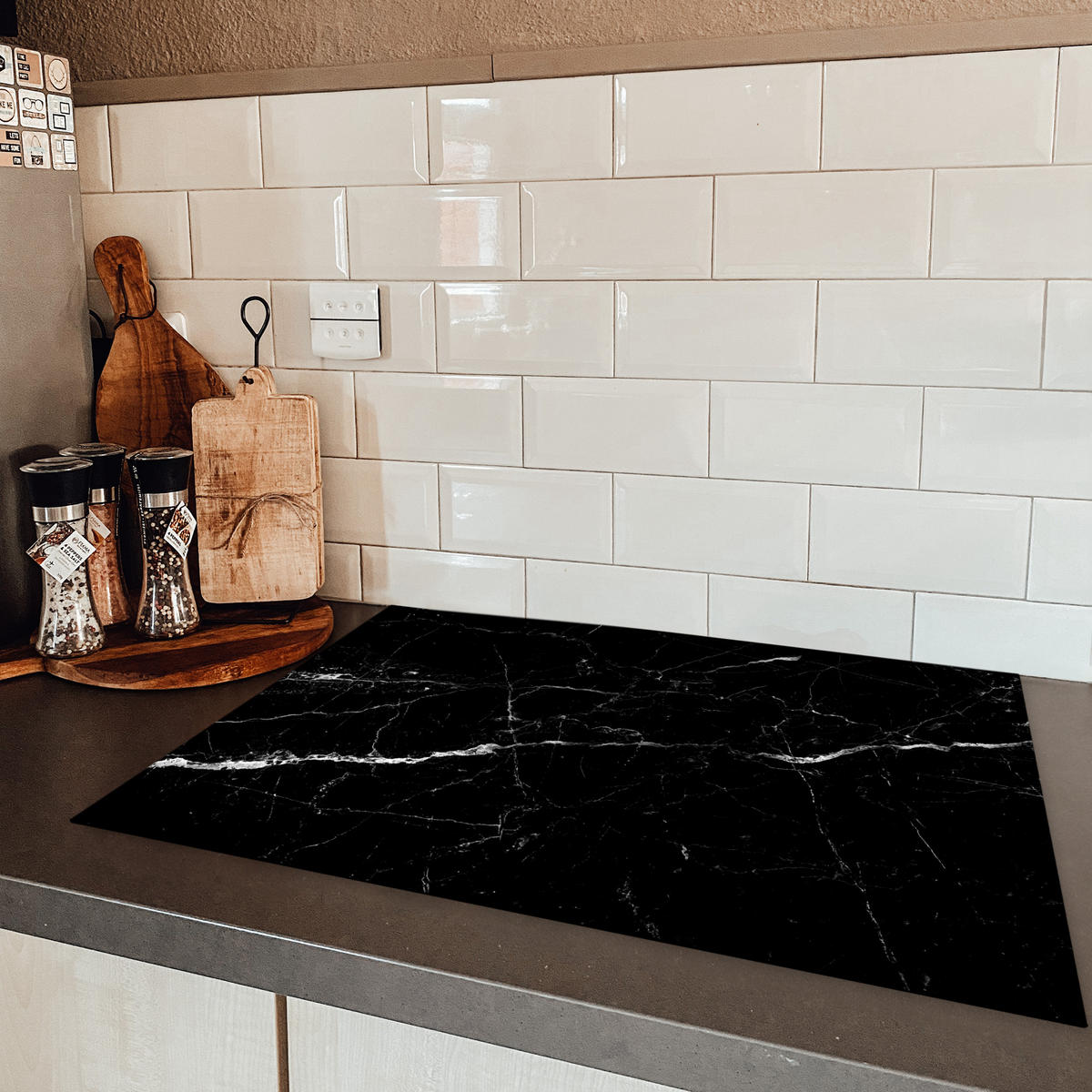 HERDABDECKPLATTE Marmoroptik - Schwarz - Luxus 75x52 cm - Grau, Kunststoff (75/52/0.2cm) - MuchoWow