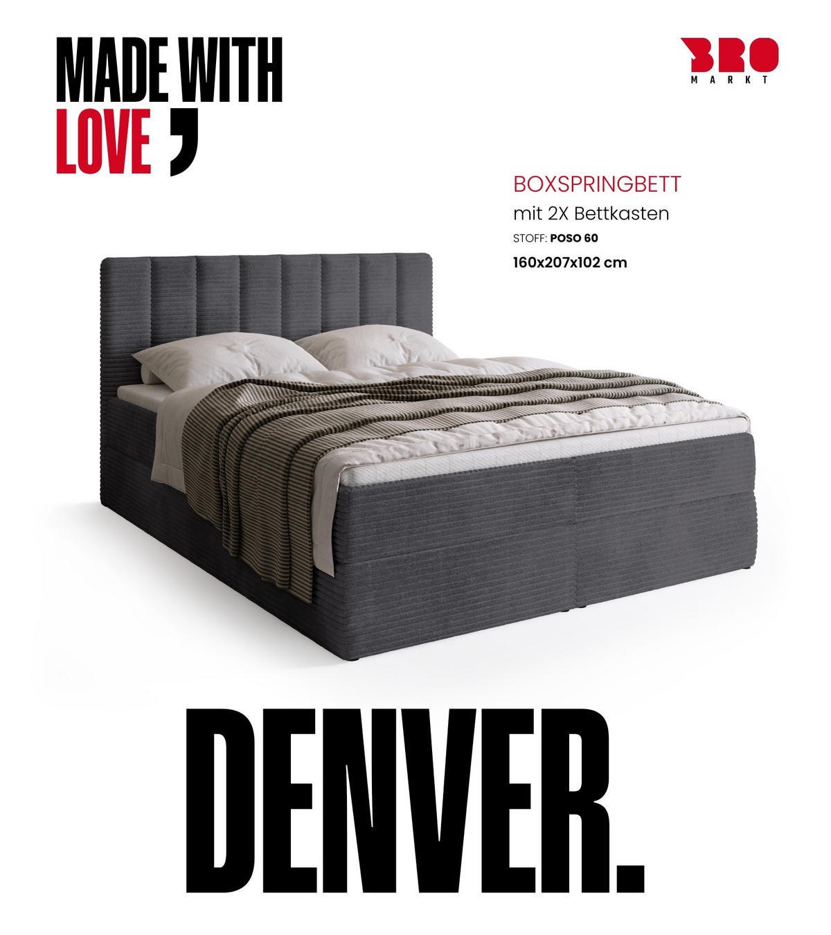 BOXBETT DENVER mit Topper 160x200 Dunkelgrau - Dunkelgrau, Textil (160/200cm) - Bromarkt