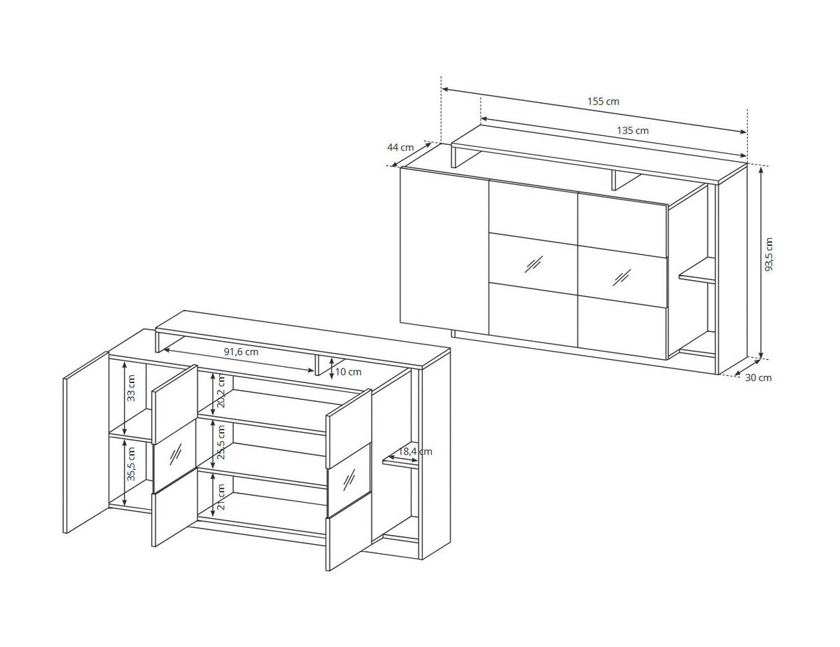 KOMMODE Alva Grand Eiche / weiß 155 cm / 44 cm / 93,5 cm - Eichefarben/Braun, Holz/Holzwerkstoff (155/94/44cm) - Feldmann-Wohnen