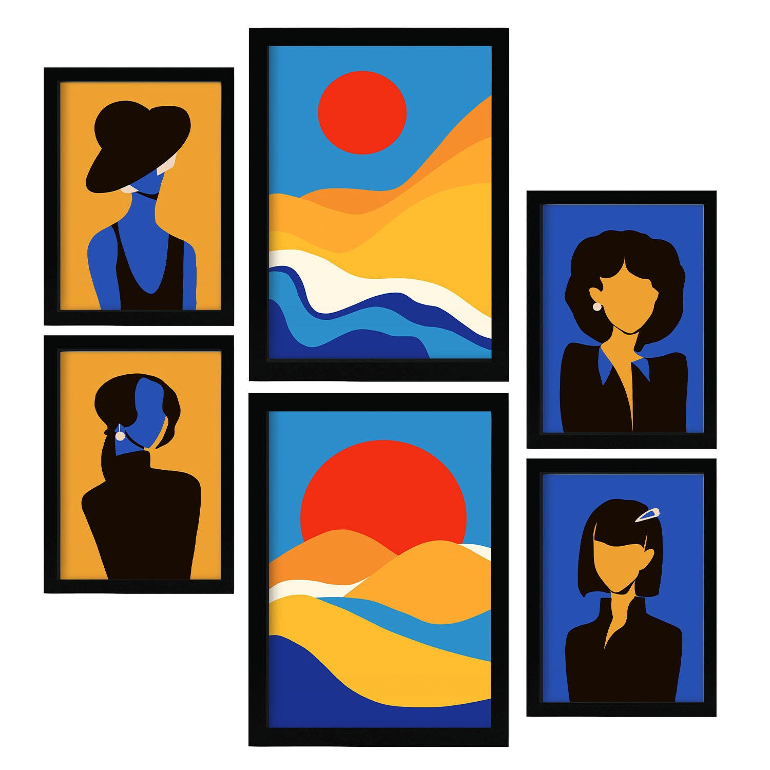 POSTER Set Mit 6 Wüstenjungen In Weibliche Zusammenfassung Ästhetische Dekorative Gemälde Für Ihr Wohnzimmer Zuhause A3 & A4 Schwarzer Rahmen - Schwarz, Papier (29/3cm) - Nacnic