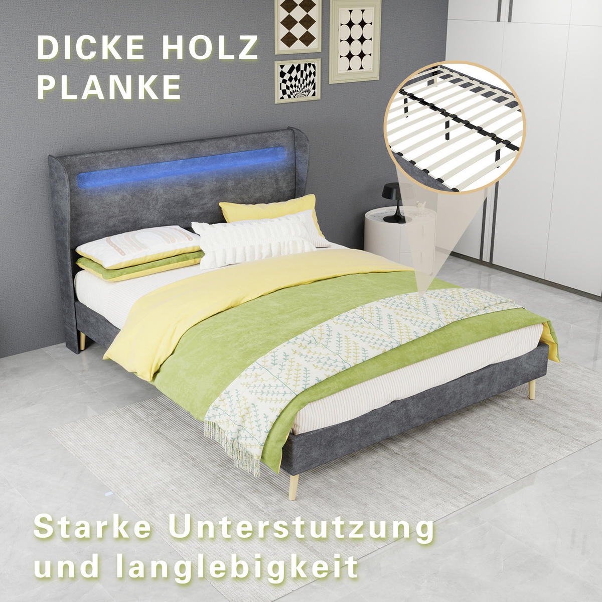 POLSTERBETT aus Stoff und Metall 140x200 cm Grau mit verstellbarer Rückenlehne und LED-Beleuchtung - Grau, Textil (140/200cm) - IVMEU
