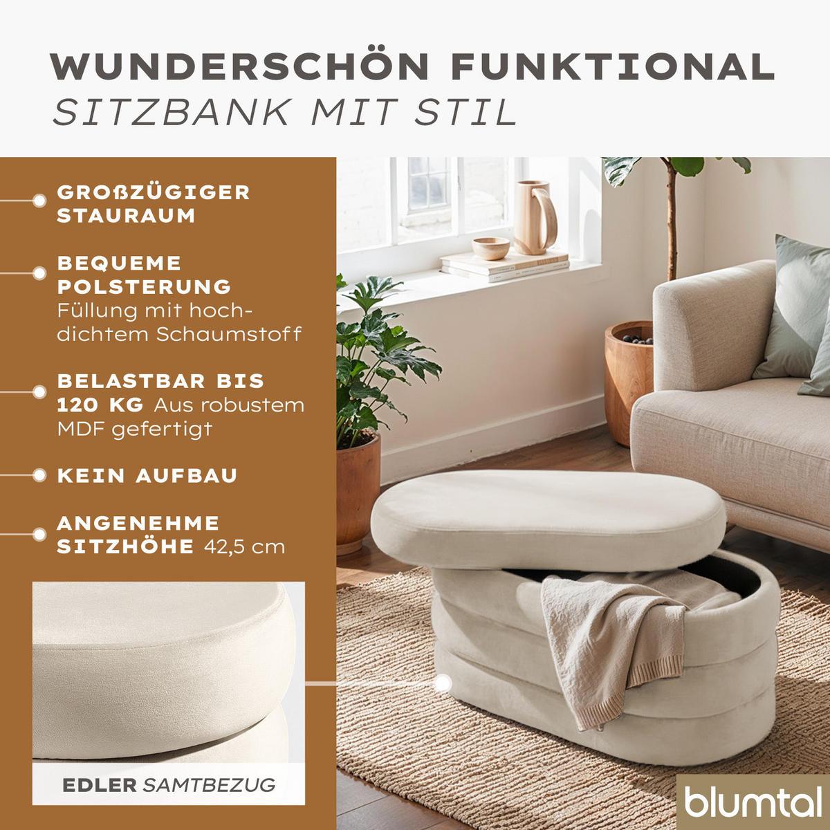 SITZBANK mit Stauraum Oval – Samt Sitztruhe Creme - Beige, Textil (42/42.5/76cm) - Blumtal
