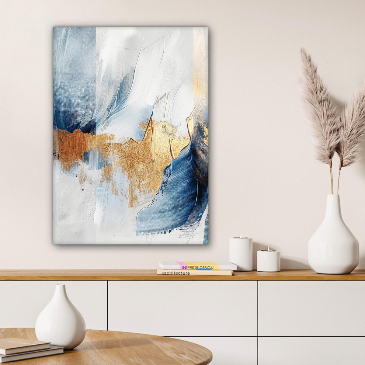 LEINWANDBILD Gold - Blau - Aquarell - Kunst - Modern 60x80 cm - Hellblau, Textil (60/80cm) - MuchoWow