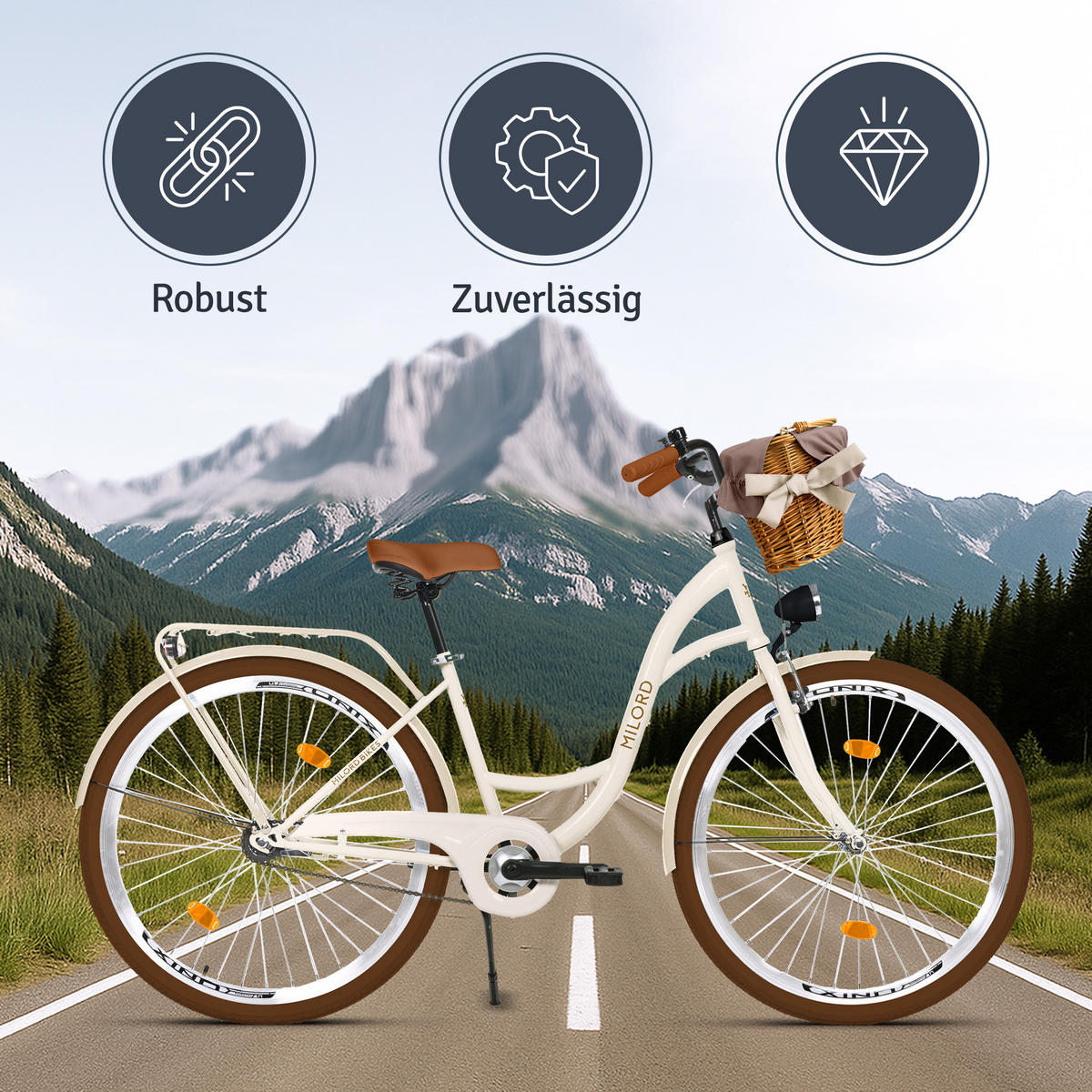 CITY-FAHRRAD Milord mit Weidenkorb, 28 Zoll, Braun-Creme, 7-Gang - Creme/Braun, Metall (46cm) - Milordbikes
