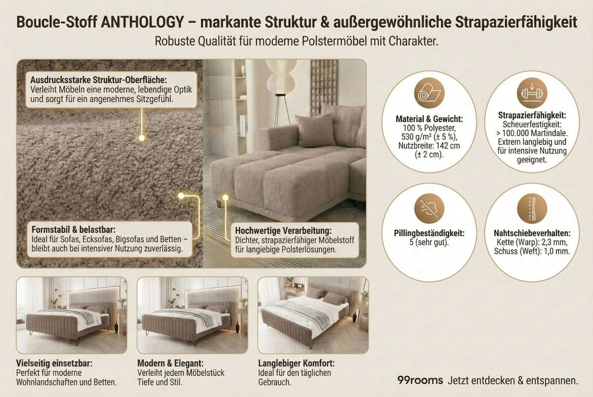 BOXSPRINGBETT LUCIO mit Hocker Bouclé-Stoff Rot 140/200 cm - Rot/Schwarz, Textil/Metall (140/200cm) - 99rooms