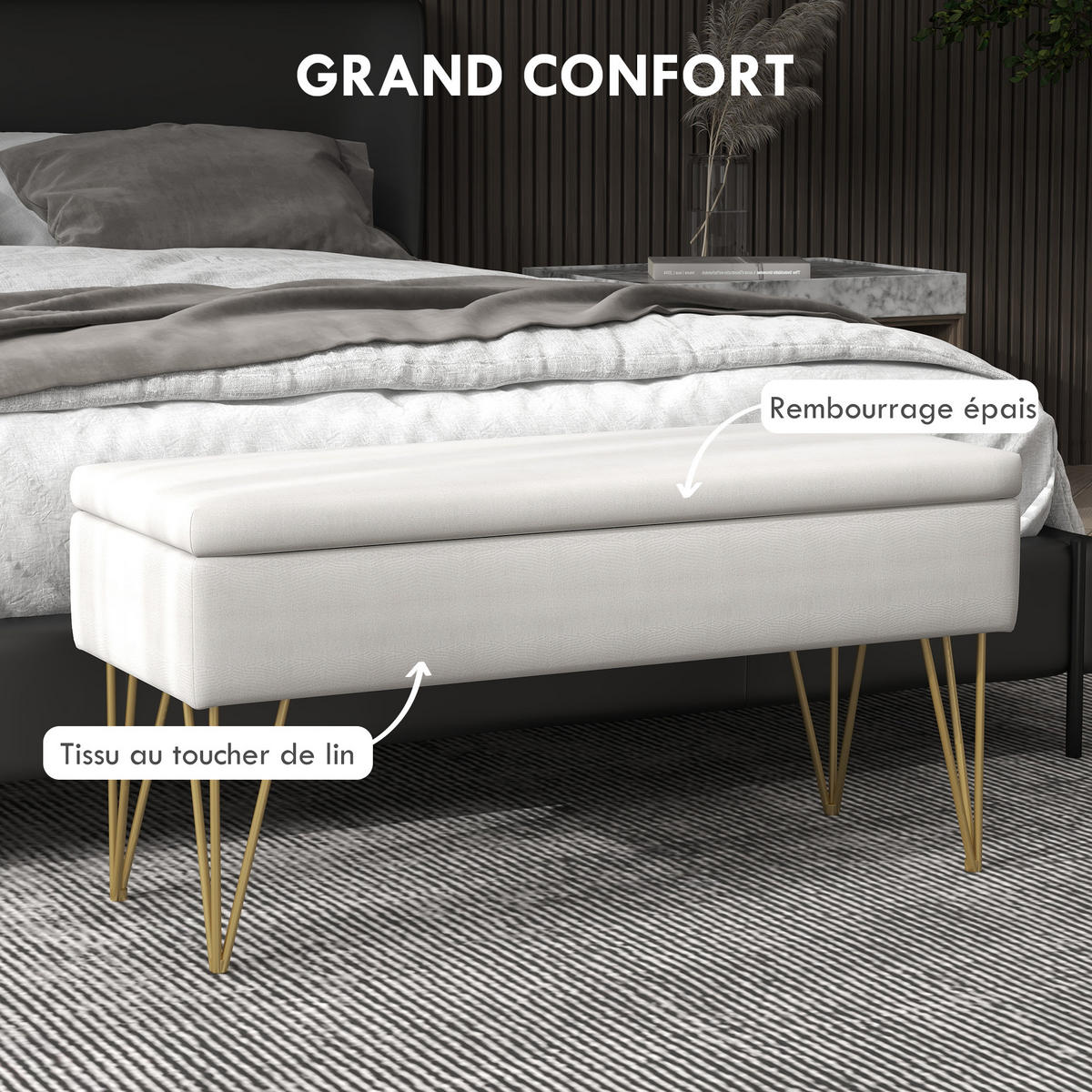 TRUHENBANK DE-12825 Stauraum und goldene Beine Creme - Weiß, Textil (100/49/40cm) - ComfortXL