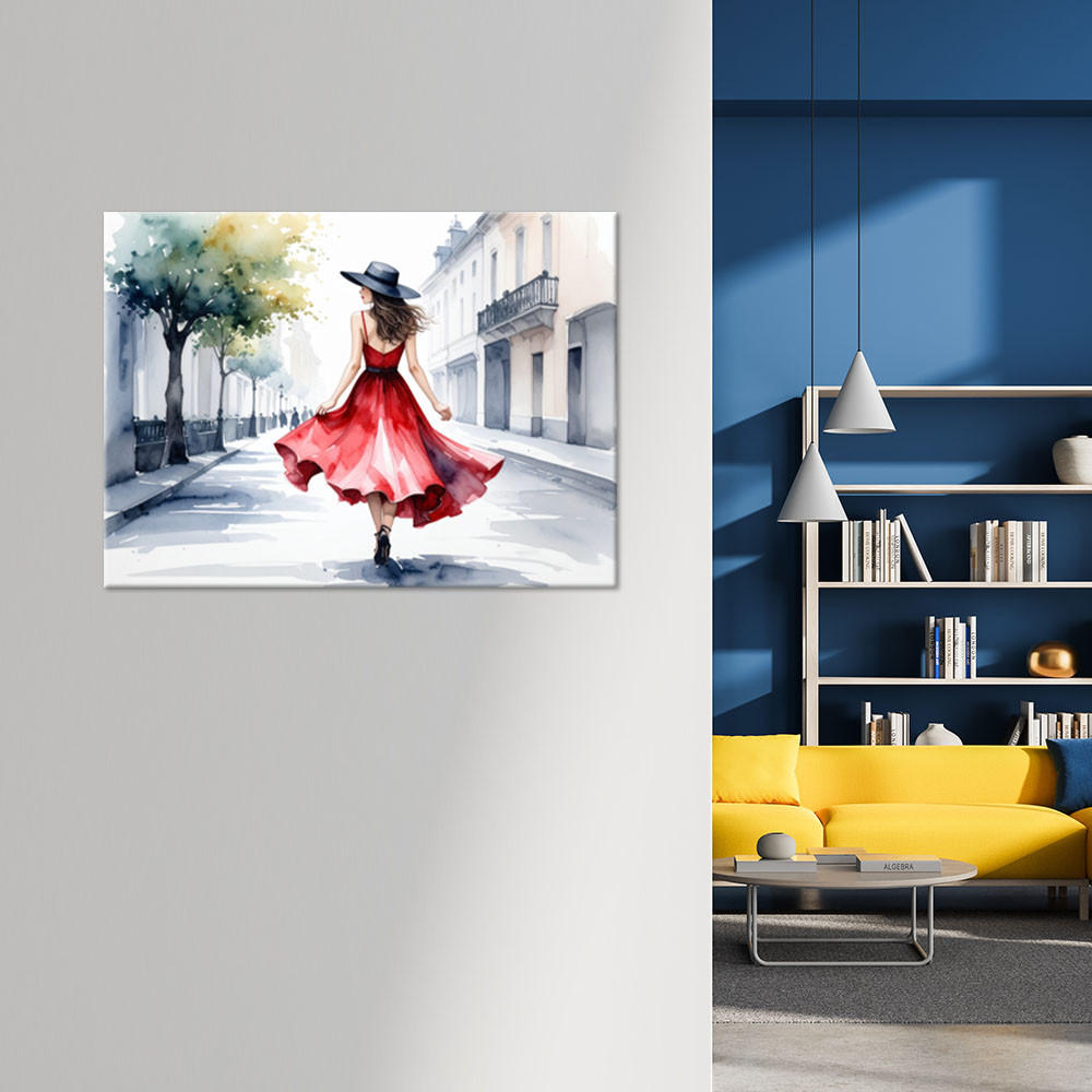 LEINWANDBILD Frau in rotem Kleid und Hut 120x80cm - Grau, Textil (120/80cm) - Feeby