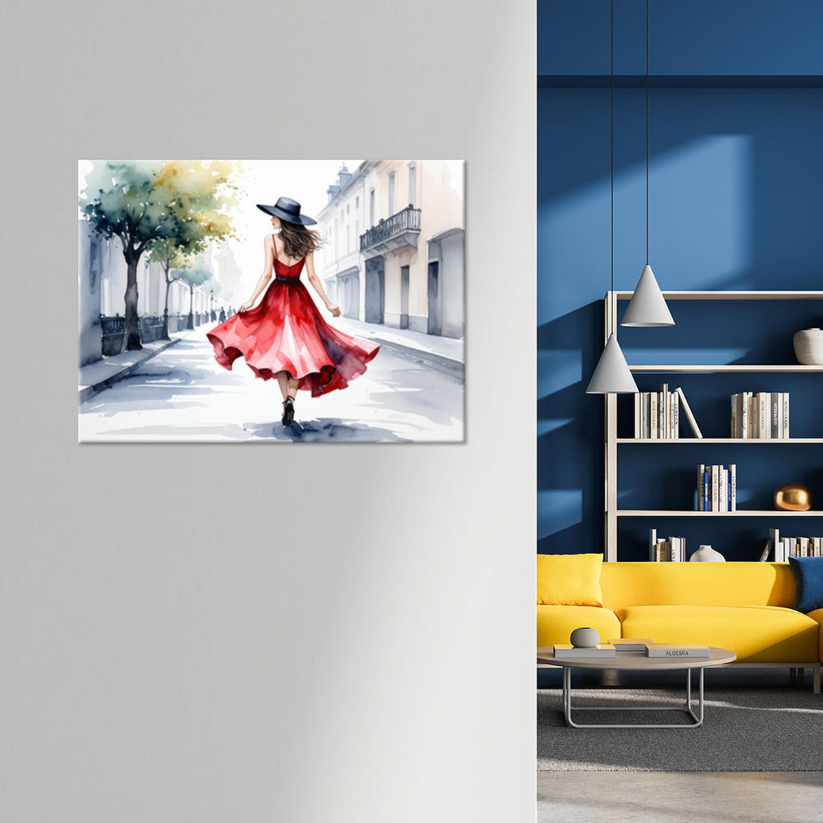 LEINWANDBILD Frau in rotem Kleid und Hut 90x60cm - Grau, Textil (90/60cm) - Feeby