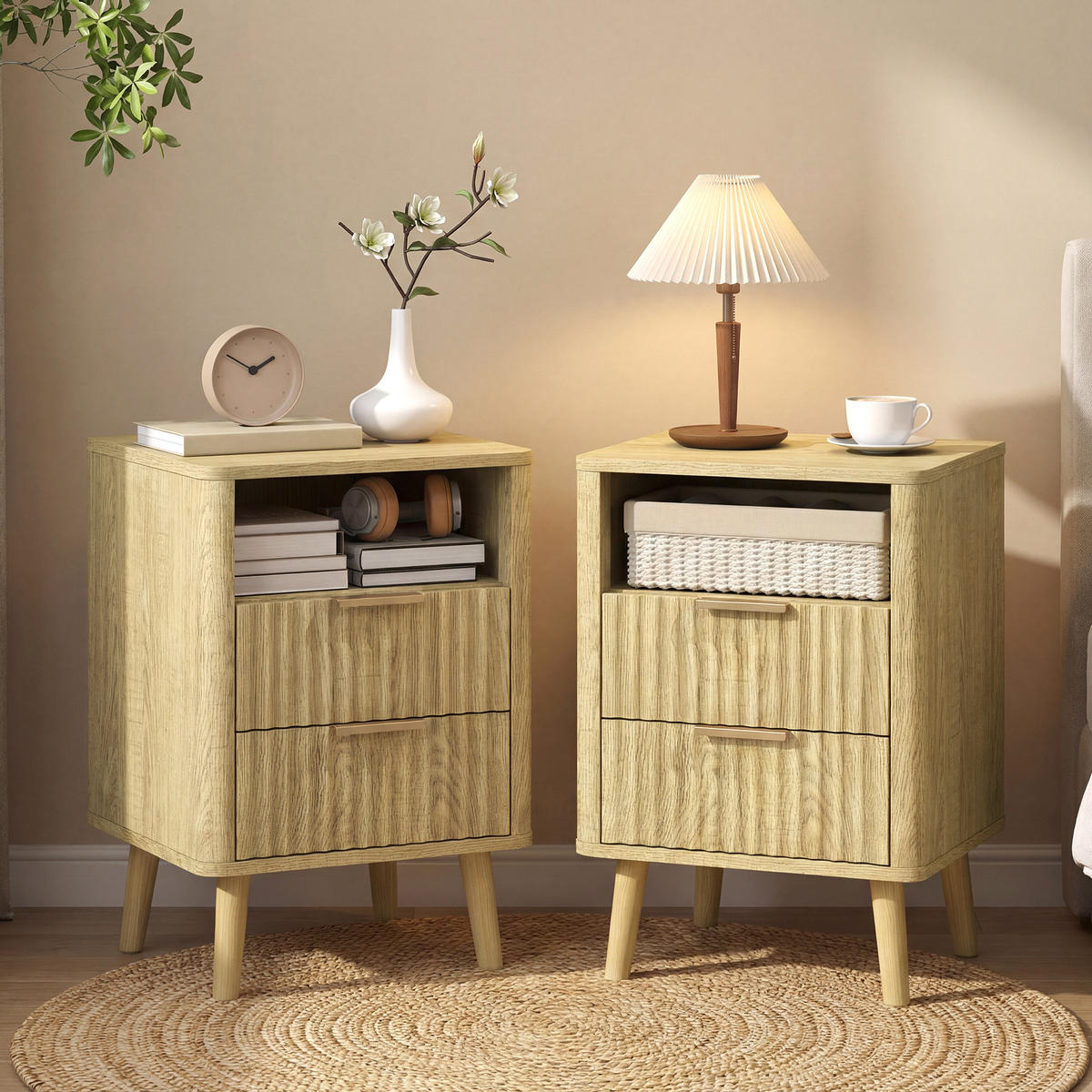 NACHTKOMMODE Eiche MDF und Holz mit 2 Schubladen und offenem Fach 2er-Set - Eichefarben, Holzwerkstoff (40/61/40cm) - PANGIVO