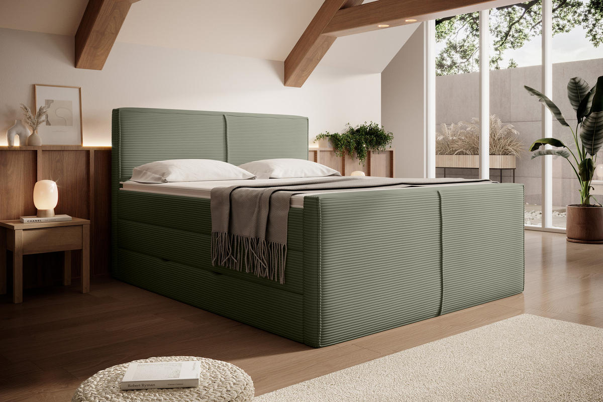 BOXSPRINGBETT Buffalo Olive 160 /200 cm H2/H3 Cord - Olivgrün, Textil (160/200cm) - wonello