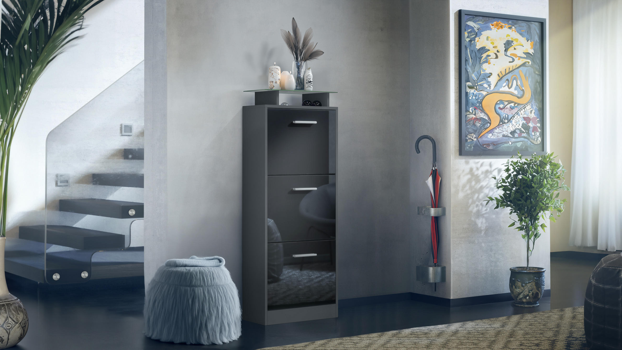 SCHUHSCHRANK Lavia Front in Schwarz Hochglanz - Schwarz Hochglanz, Holzwerkstoff (46/128/23cm) - Vladon