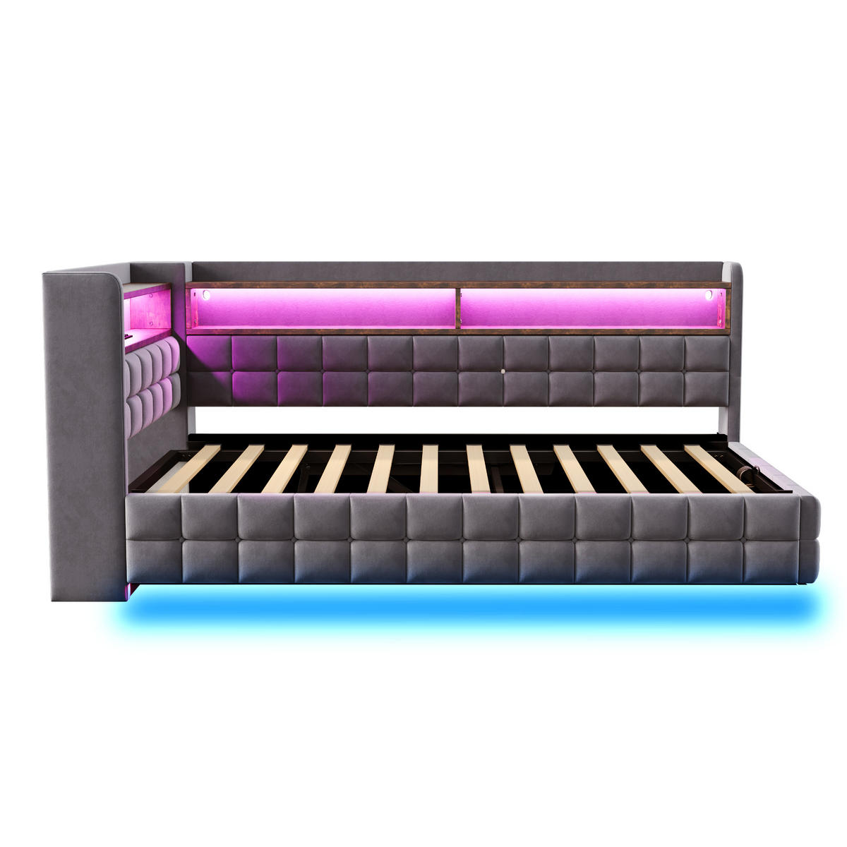 SCHLAFSOFA 90/200 cm in Grau Samt mit Bettkasten, Regal, LED und USB - Dunkelgrau, Holzwerkstoff/Textil (90/200cm) - WISHDOR