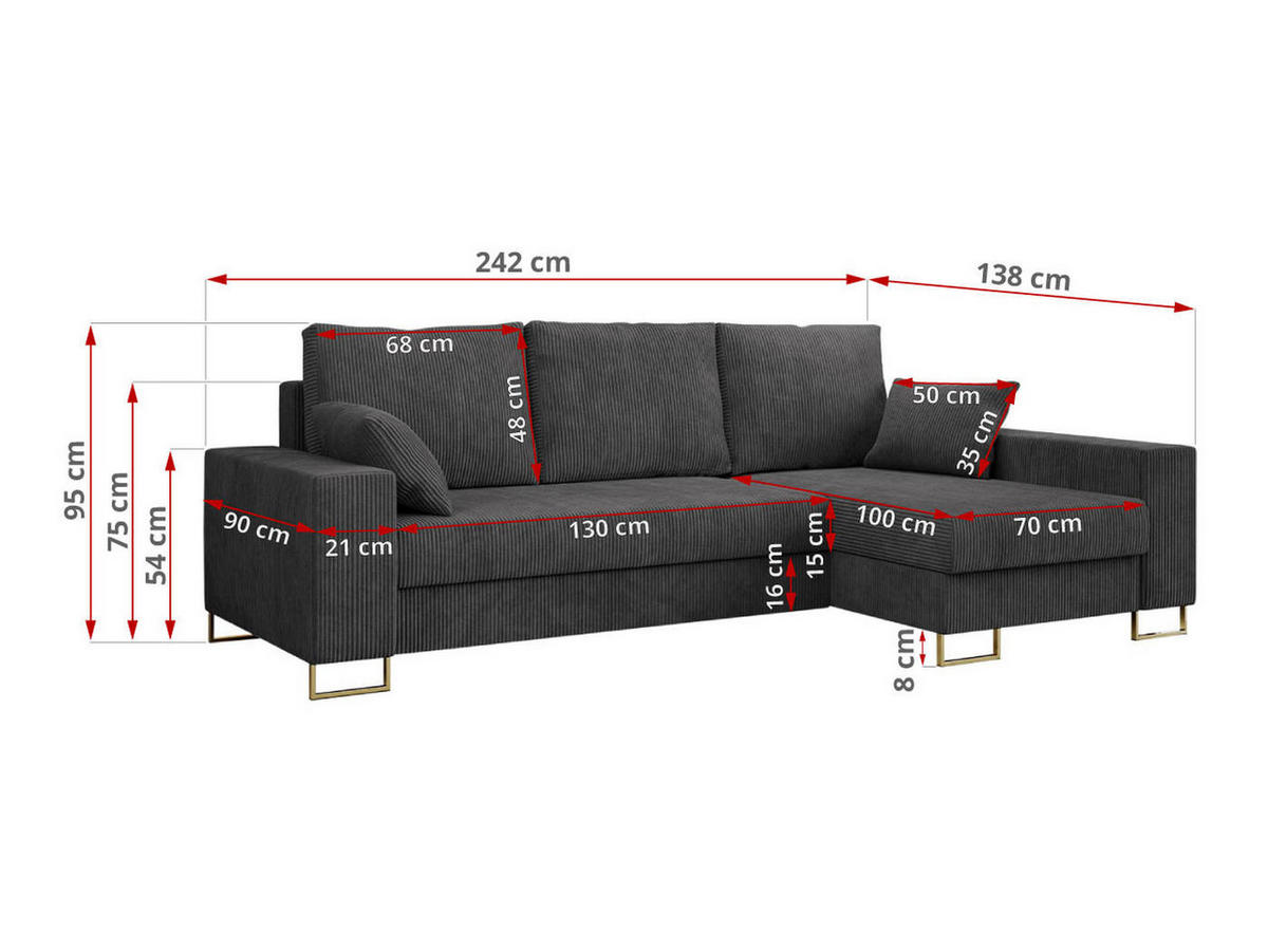 ECKSOFA Dorian Cord Dunkelgrau - Dunkelgrau/Goldfarben, Textil/Metall (242/138cm) - MKS
