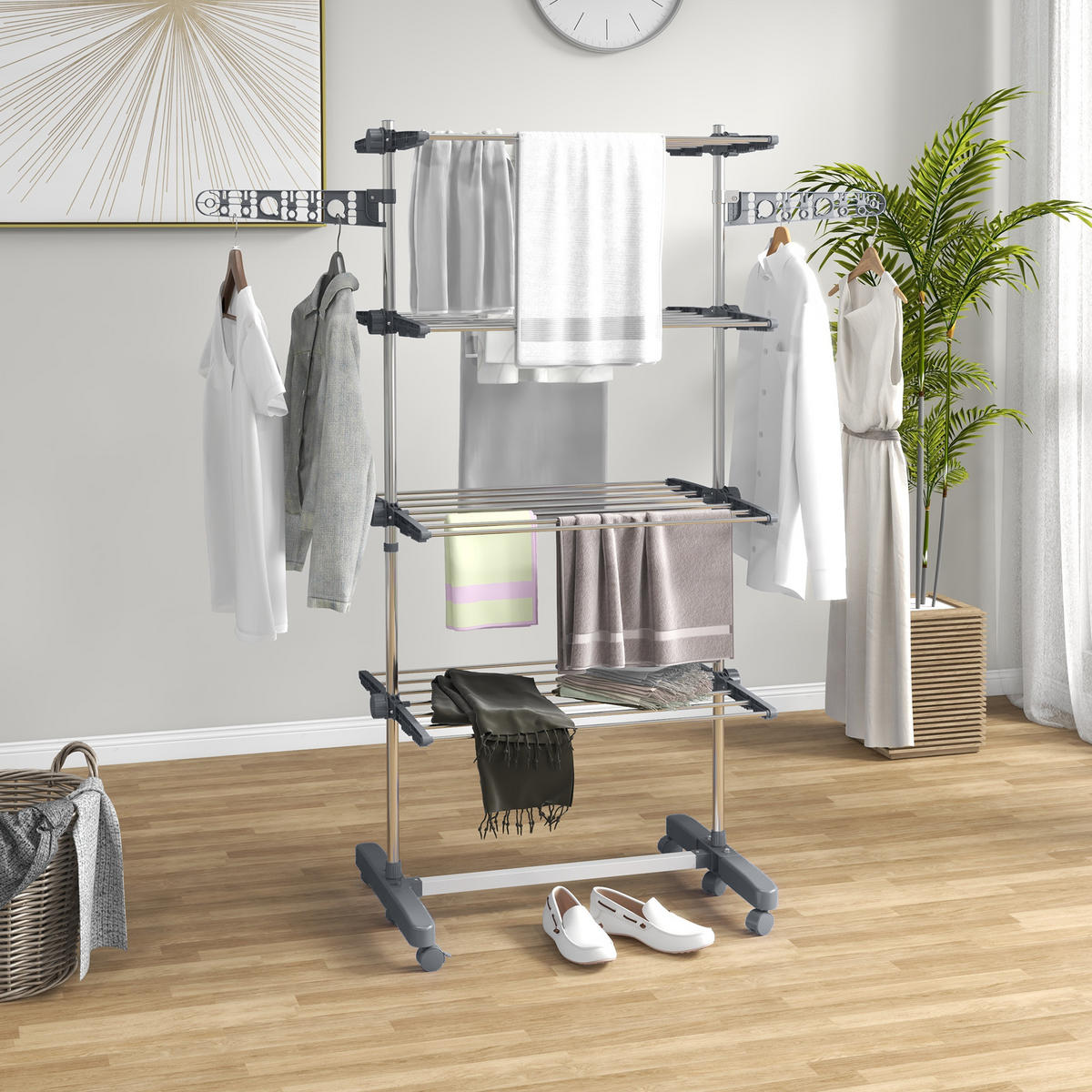 WÄSCHESTÄNDER DE-09793 5 Ebenen, klappbar mit 6 Rollen Grau+Silber - Grau, Metall (142/172/55cm) - ComfortXL