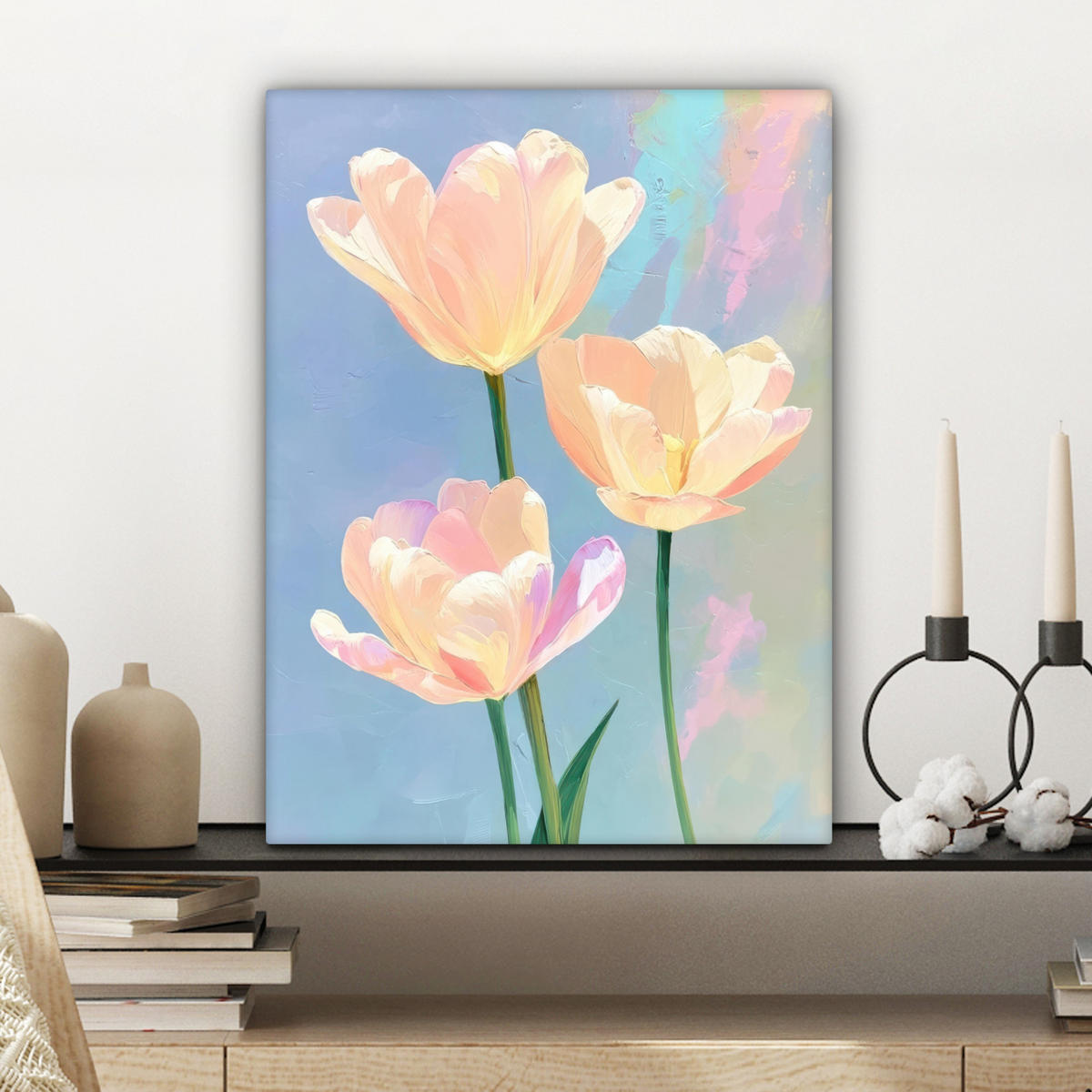 LEINWANDBILD Tulpen - Rosa Akzente - Blau Room Decor 30x40 cm - Pastellblau, Textil (30/40cm) - MuchoWow