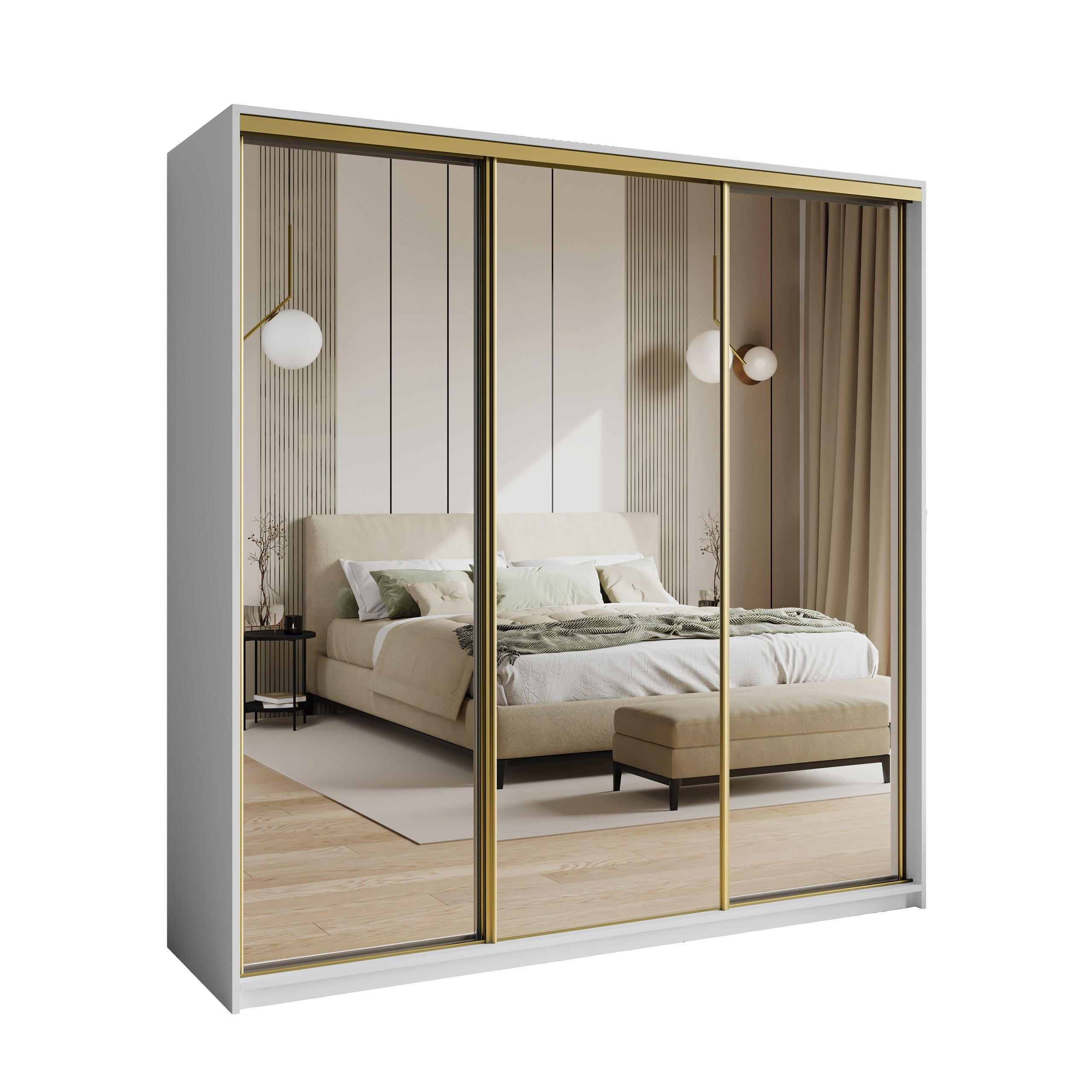 SCHWEBETÜRENSCHRANK RIEN 180/205/60 cm 3-türig mit Spiegel und Schubladen Weiß - Goldfarben/Weiß, Holzwerkstoff (180/205/60cm) - MASSENO