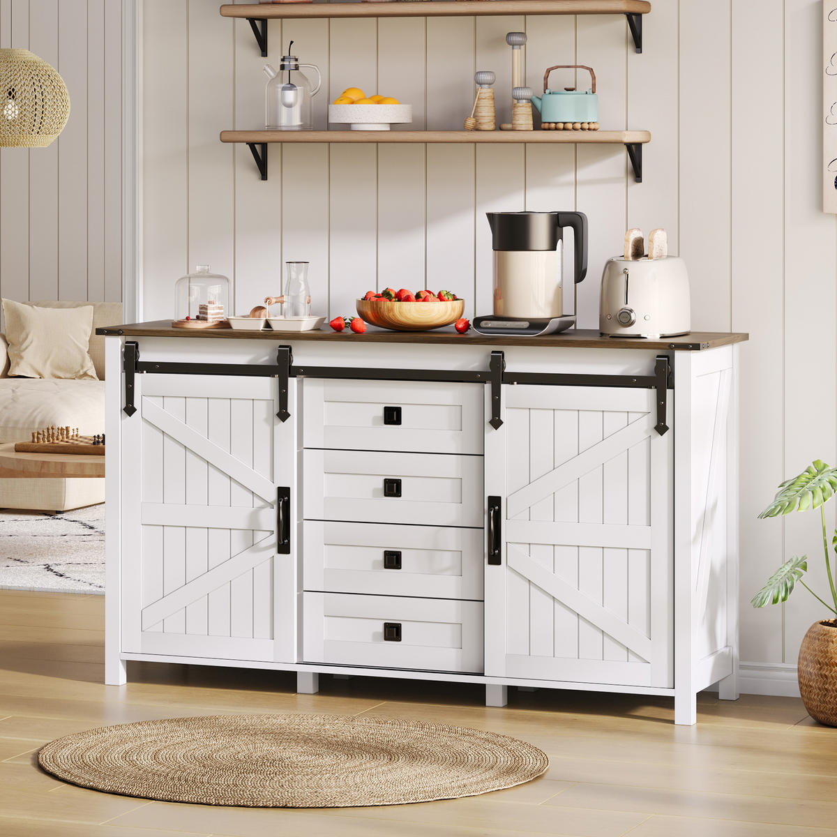 SIDEBOARD 137/40/81.5 cm Weiß mit Schiebetüren und 4 Schubladen - Weiß, Holz (137/81.5/40cm) - Oxeza