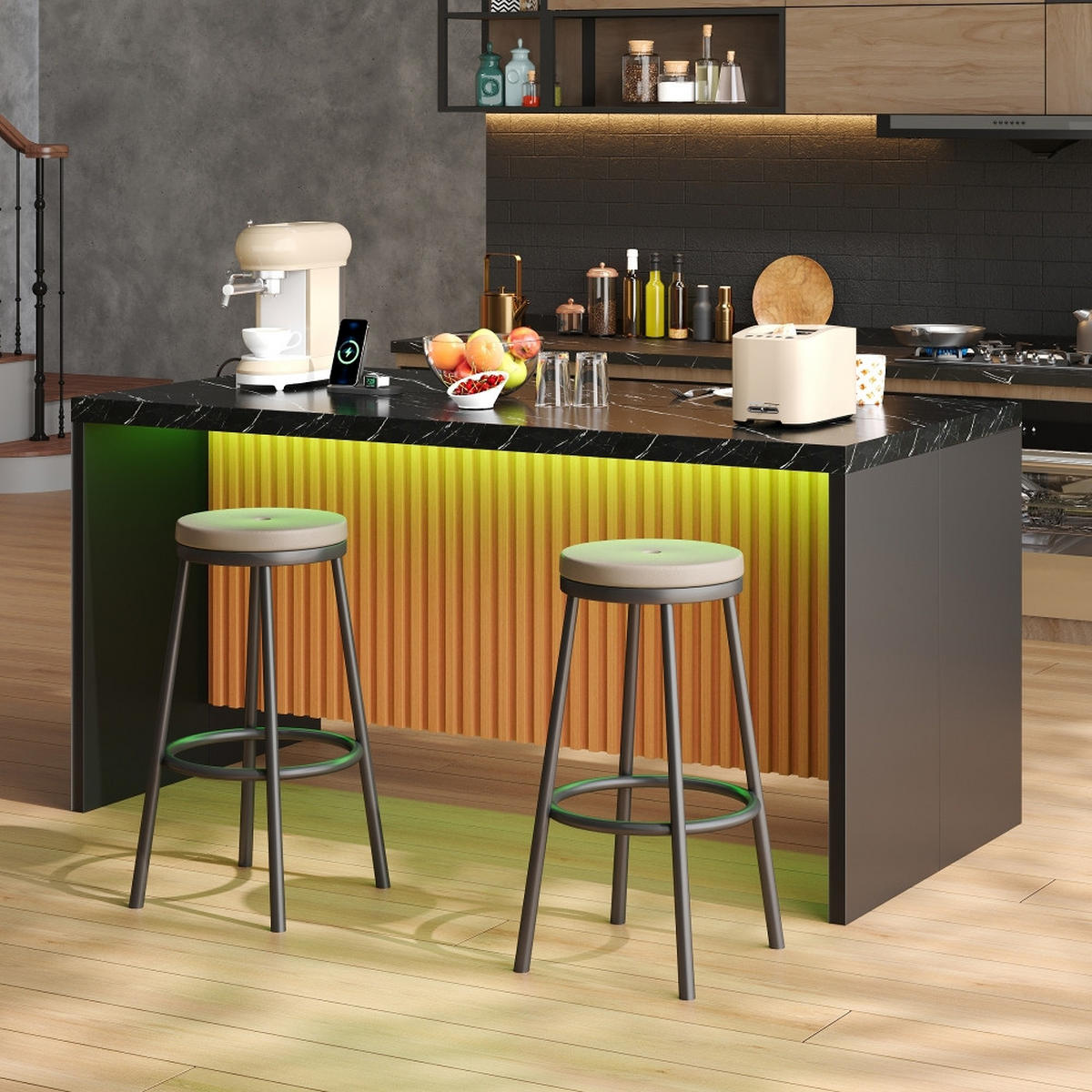 KÜCHENINSEL mit Steckdosen und LED-Beleuchtung, Marmoroptik Schwarz, Industrial Style, 155/80/90 cm - Schwarz, Kunststoff (80/90/155cm) - Rolipo