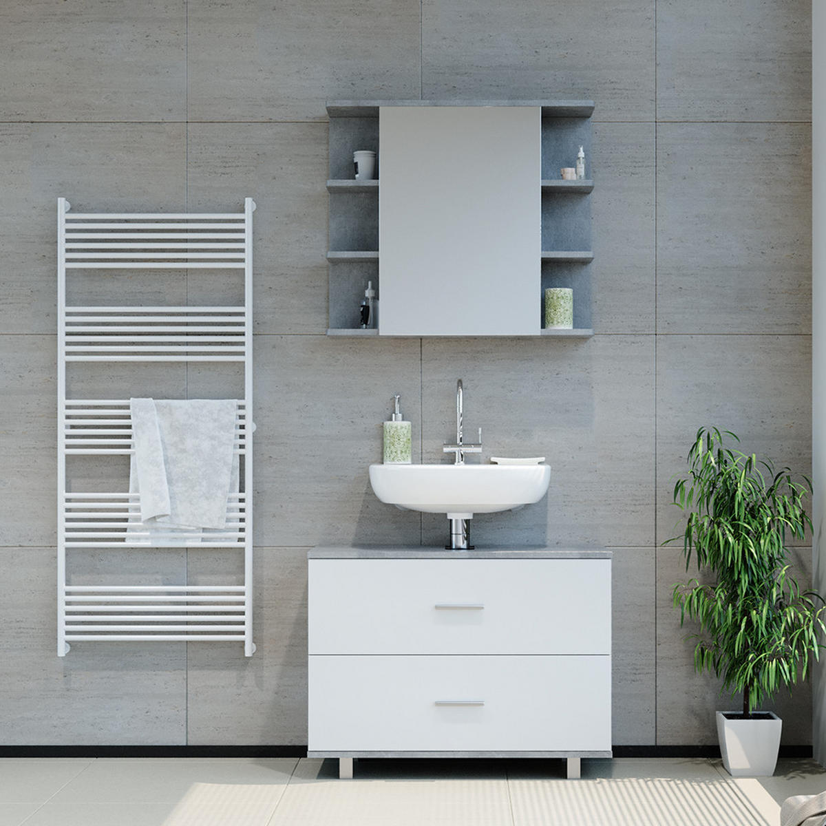 BADMÖBEL-SET Ilias Beton/Weiß 2 Teile, Unterschrank 80 cm - Weiß/Grau, Holzwerkstoff (80.2/60.8/33cm) - Vicco