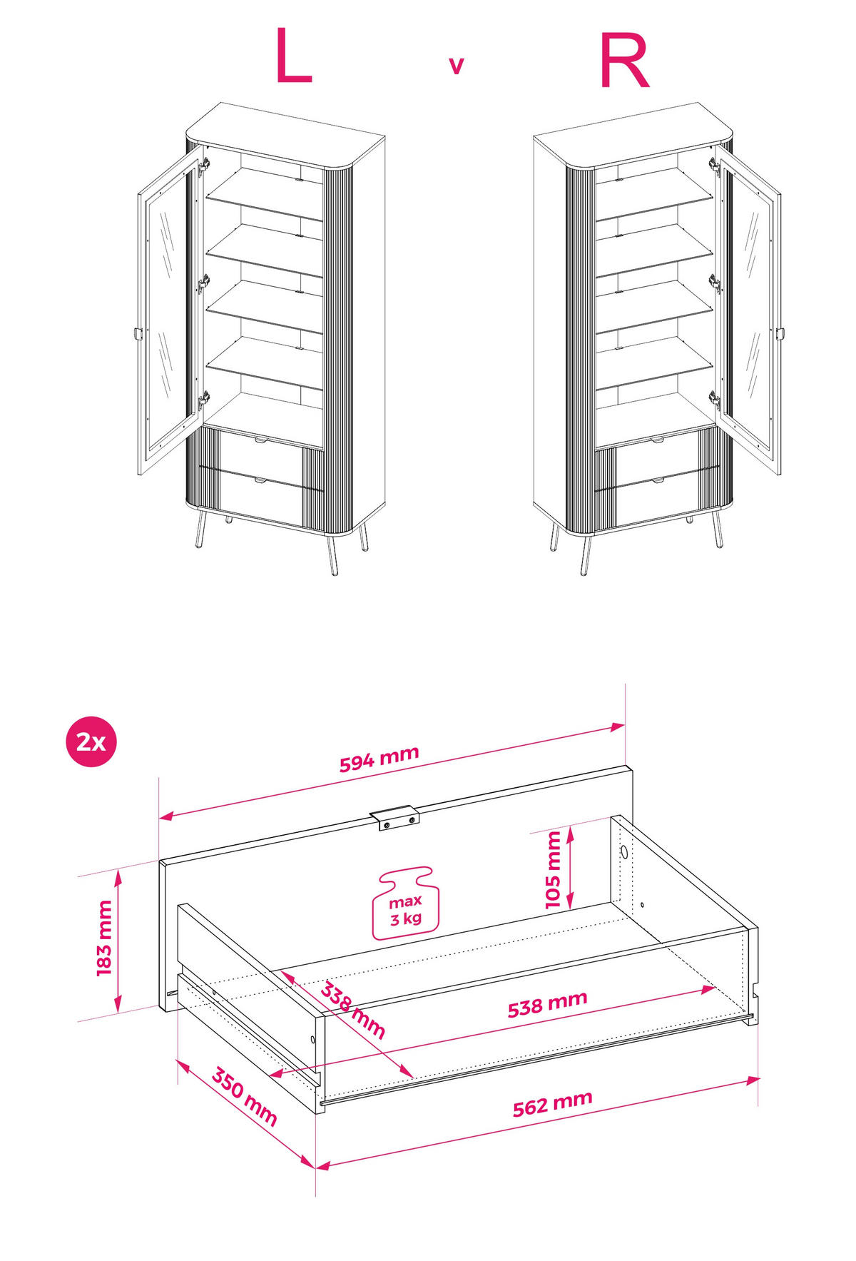 VITRINE mit 2 Schubladen, Kaschmir, 78,4 x 40 x 192,4 cm - Kaschmir, Holzwerkstoff (78.4/192.4/40cm) - 3XE LIVING
