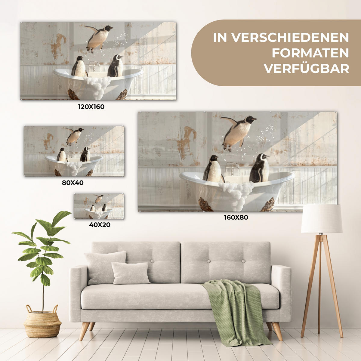 ACRYLGLASBILD Vintage - Pinguin - Badewanne - Schaumstoff 120x60 cm - Schwarz, Glas (120/60cm) - MuchoWow