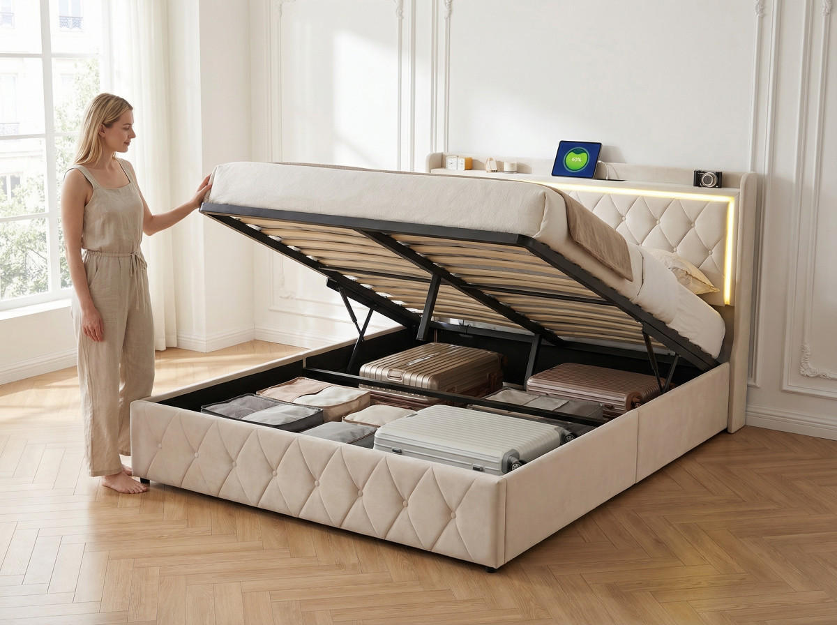 POLSTERBETT 140x200 cm in Beige mit LED, Stauraum & Ladestation - Beige, Holz/Metall (140/200cm) - PARAFTA HOME