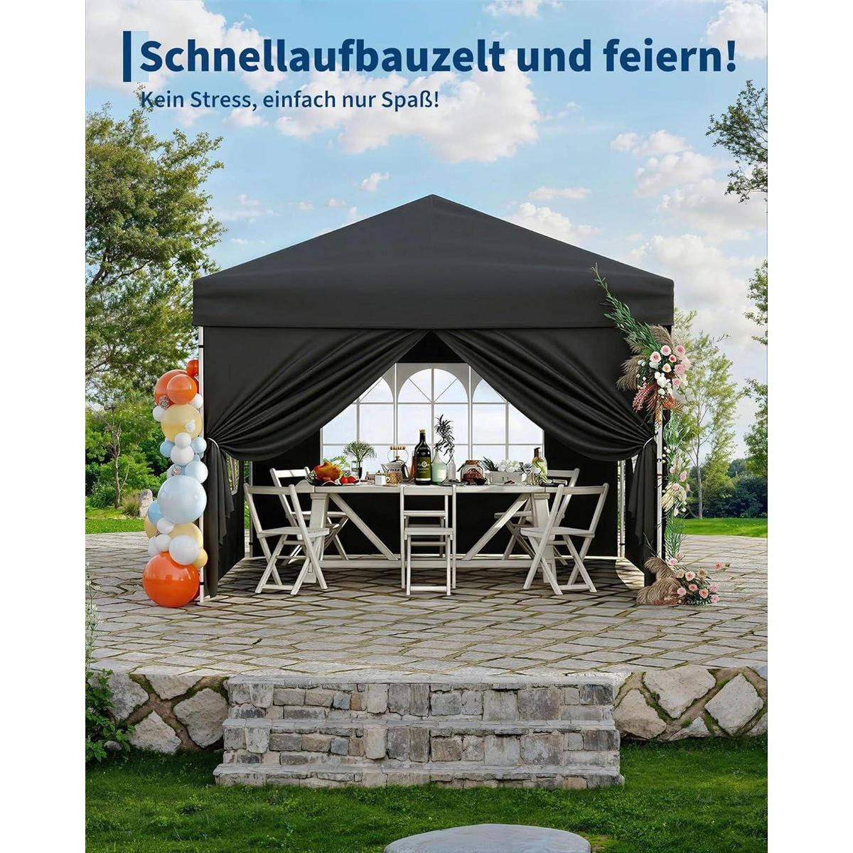 FALTPAVILLON 3x3 m wasserdicht mit 4 Seitenwänden Schwarz - Schwarz, Textil (300/260/300cm)