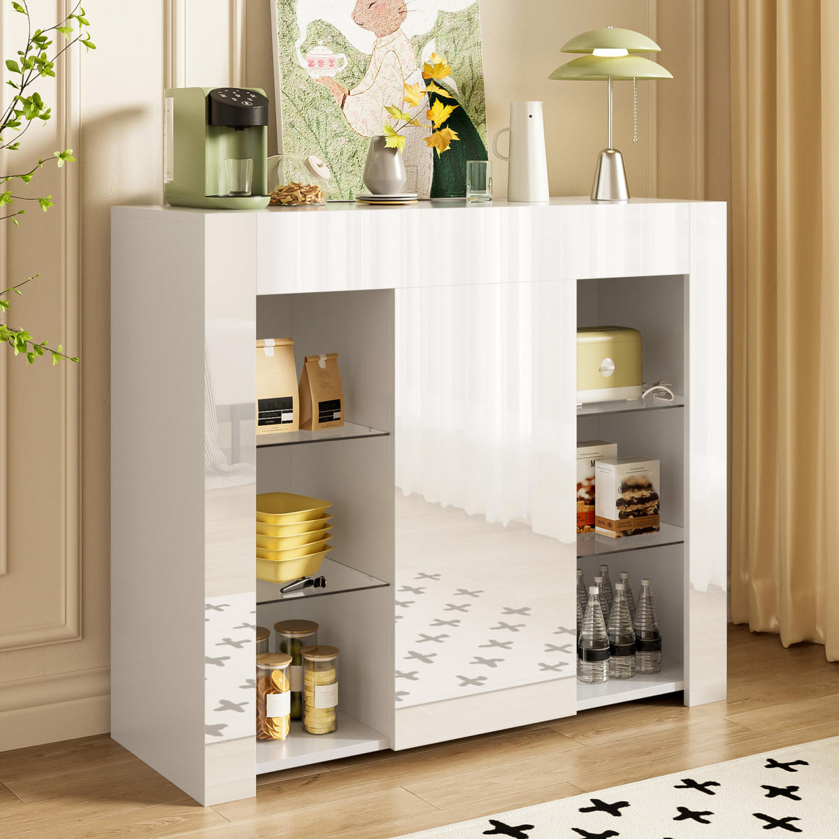 SIDEBOARD Weiß, Hochglanzfront, Glasregale, kompakter Stauraum - Weiß, Holz (95/83/35cm)