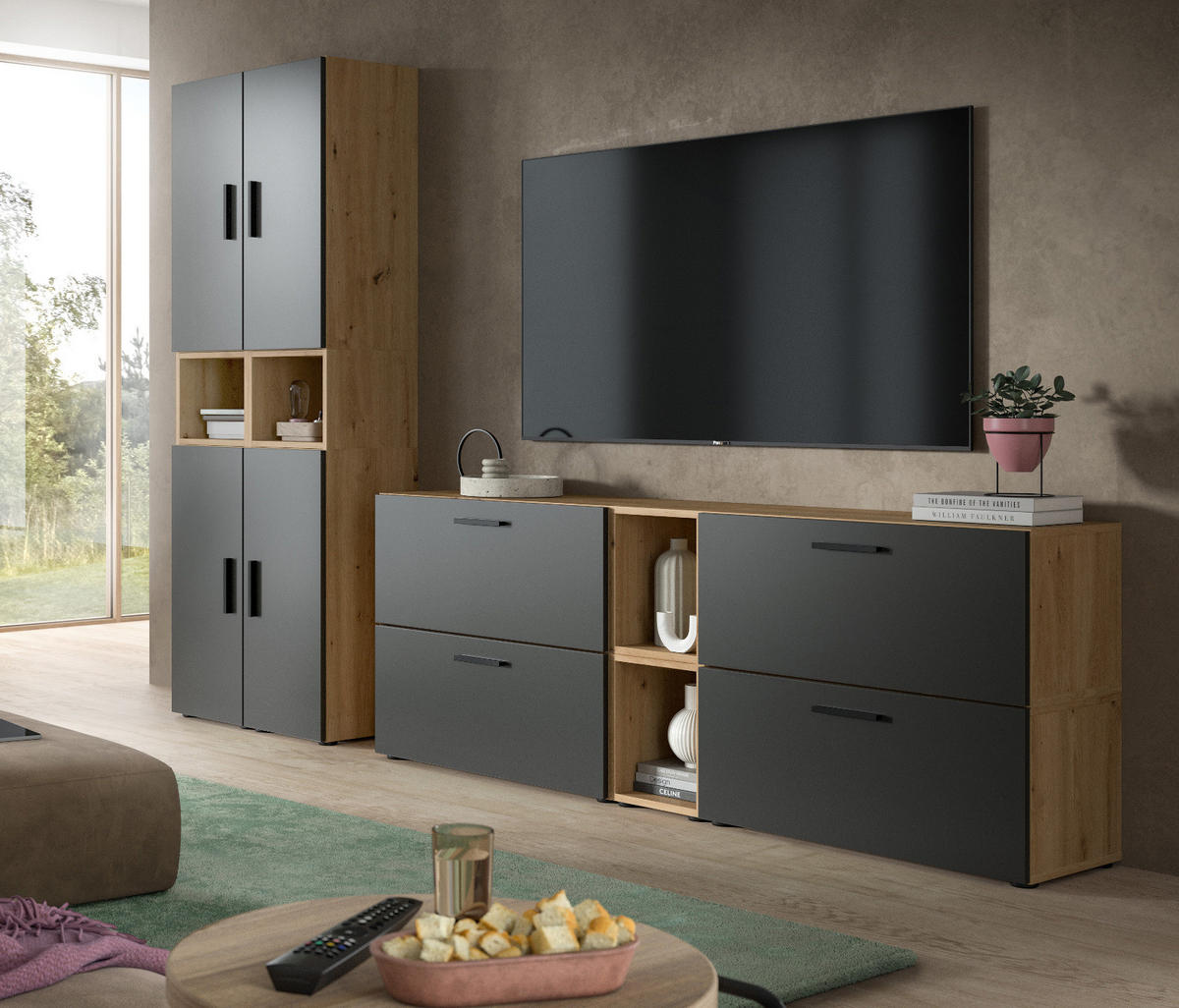 WOHNWAND grau, Eiche Artisan 256 x 178 cm, Schrankwand mit Soft-Close - Schwarz/Eiche Artisan, Holzwerkstoff/Kunststoff (256/151/34cm) - Inn.Furn