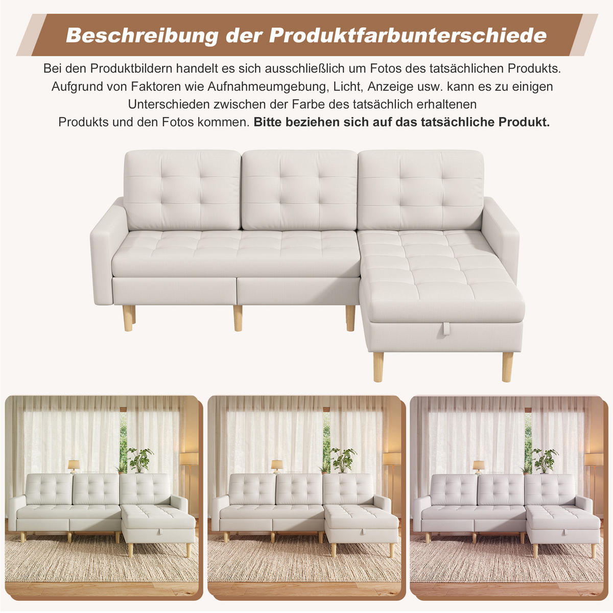 ECKSOFA L Form Stauraum Chaiselongue 3-Sitzer Beige 212cm - Beige, Textil (212/130cm) - FLIEKS