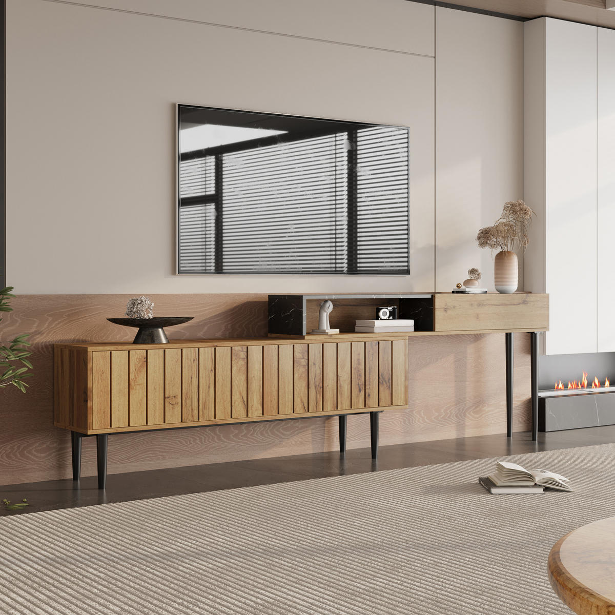 TV-SCHRANK Lowboard Marmoroptik Holz Metallbeine - Naturfarben, Holz (129/58/30cm) - Fortuna Lai