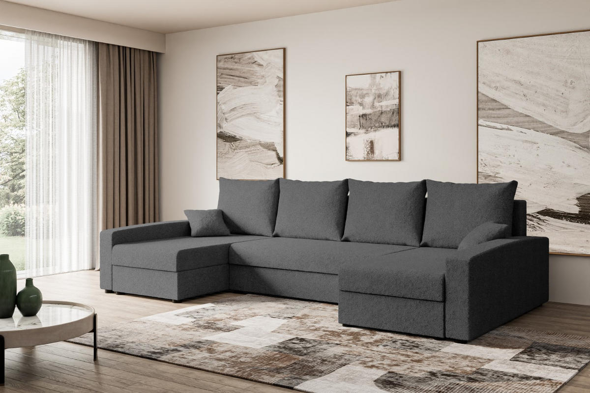 WOHNLANDSCHAFT mit Schlaffunktion und Bettkasten ALESIA-U 301x140x90 cm Grau Bouclé - Silberfarben/Grau, Holzwerkstoff/Kunststoff (301/90/140cm) - ALTDECOR