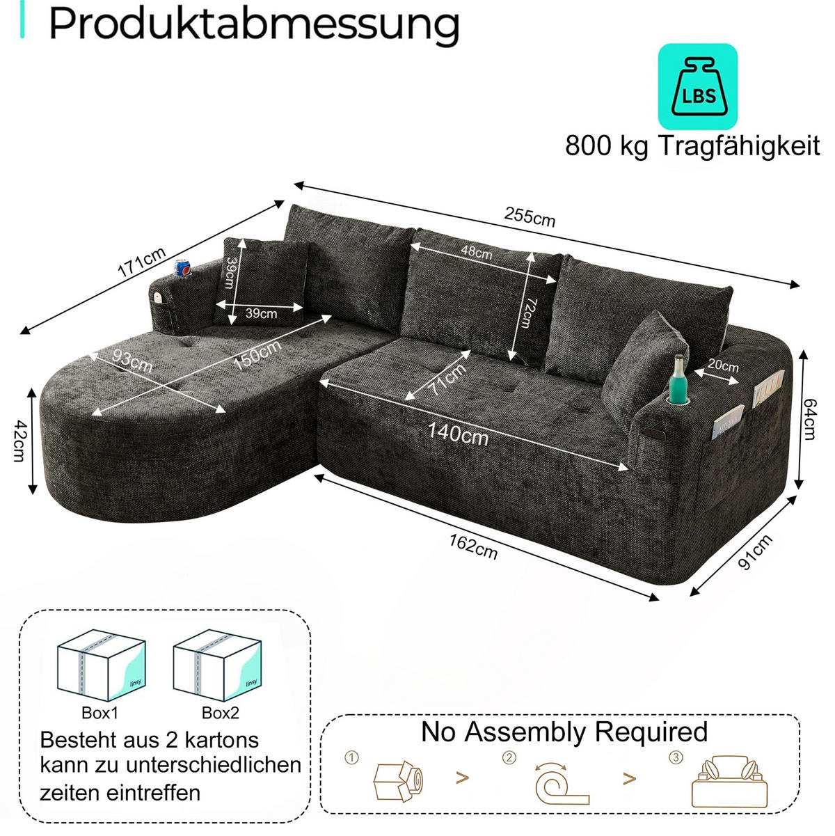 ECKSOFA L-Form montagefrei mit Edelstahl-Becherhalter, Seitentaschen und Leinenbezug, Schwarz - Schwarz, Textil (255/170cm) - Redom