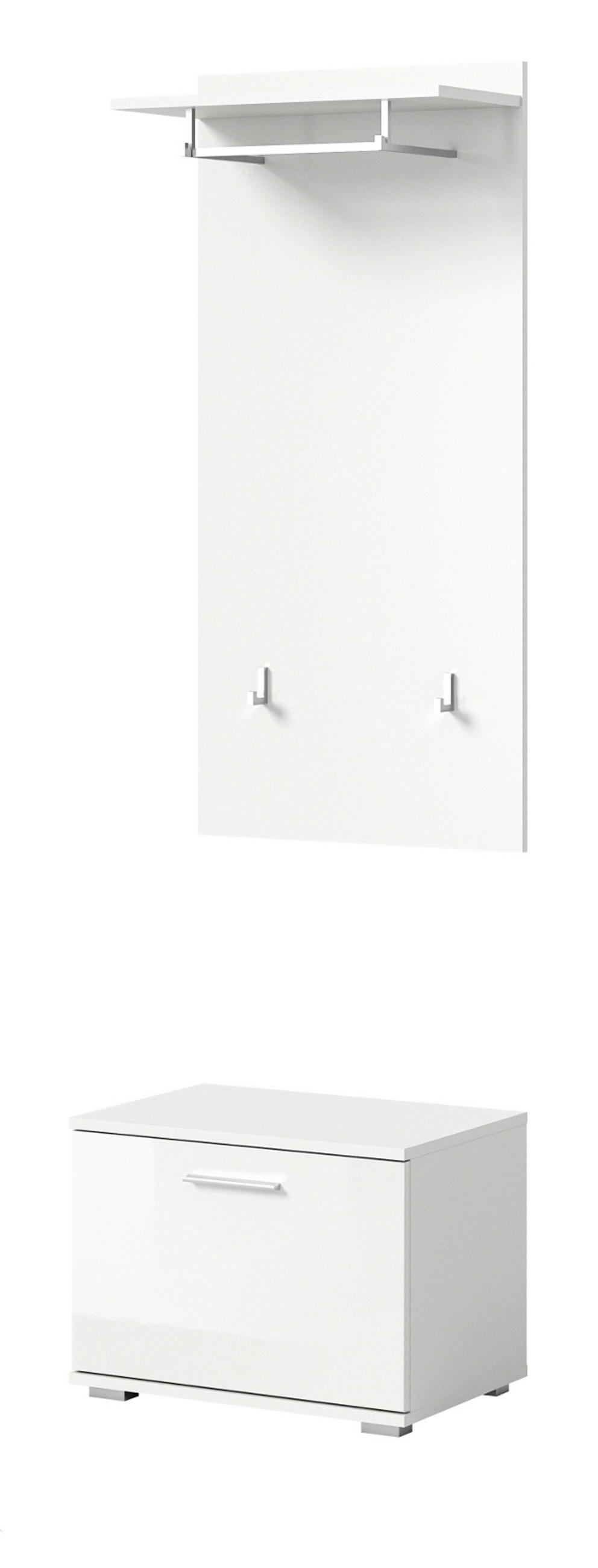 GARDEROBE Set 2-teilig weiß Hochglanz 55 cm, Flurgarderobe mit Kleiderhaken - Weiß Hochglanz/Silberfarben, Holzwerkstoff/Kunststoff (55/191/37cm) - Inn.Furn